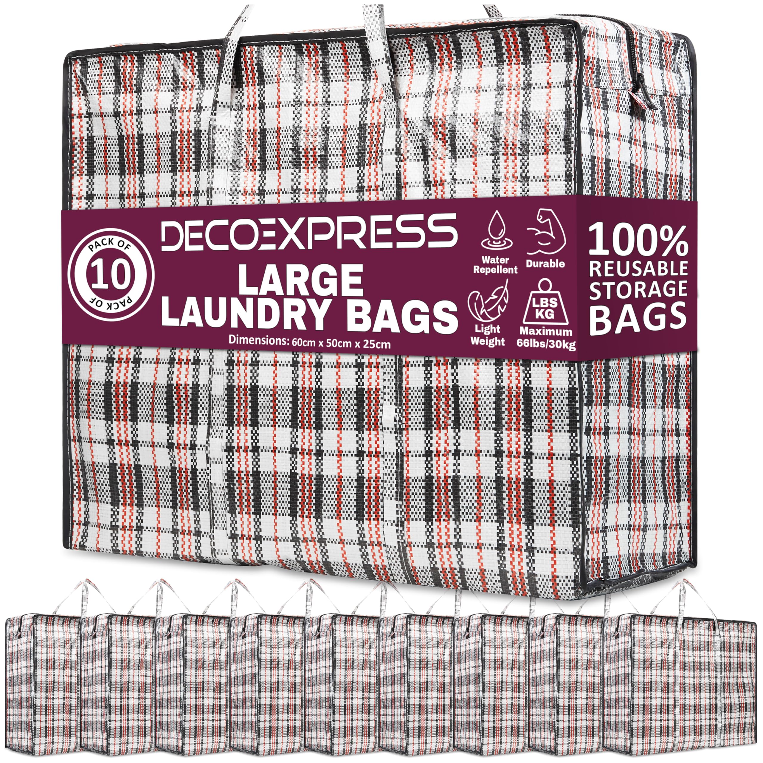 Deco Express Multi Laundry Bags With Zip And Handles 75L, 60 X 50 X 25 Cm, Pack Of 10 Durable Space-Saving Bags For Clothes And Moving (60 X 50 X 25 Cm)
