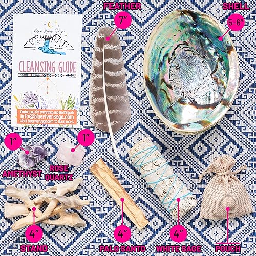 Miniatura 3 de Kit de limpieza y manchas para el hogar con salvia blanca, Palo Santo, abulón y soporte, pluma y guía para manchas (Regular)