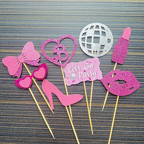 Miniatura 5 de NANAGALI 24 adornos de princesa para cupcakes  NO DIY  Rosa intenso Let's Go Party Lápiz labial Kiss Tacones altos Pajarita Disco Cupcake Toppers