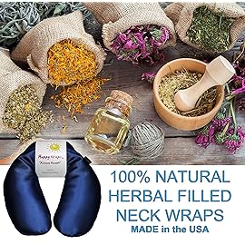 Happy Wraps Microwavable Herbal Neck Wrap - Hot Cold Aromatherapy Neck Warming Pillow - Heating Pad for Migraines, Stress, Gifts for Women, Birthdays, Christmas and Free Sleep Mask - Sapphire Satin