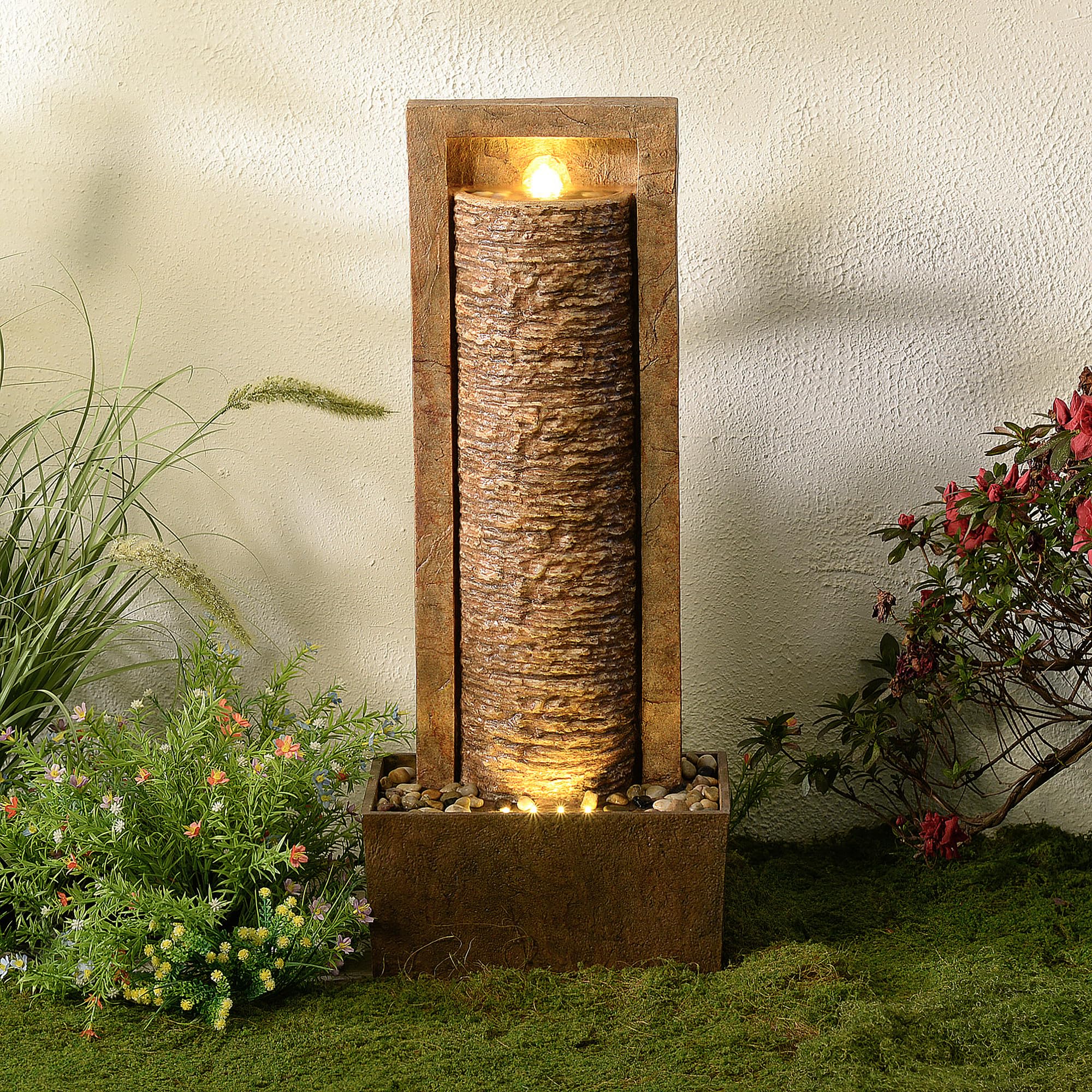Teamson Home Fontaine de Jardin Haute Cascade exterieure LED Roche superposee Patio Durable Marron