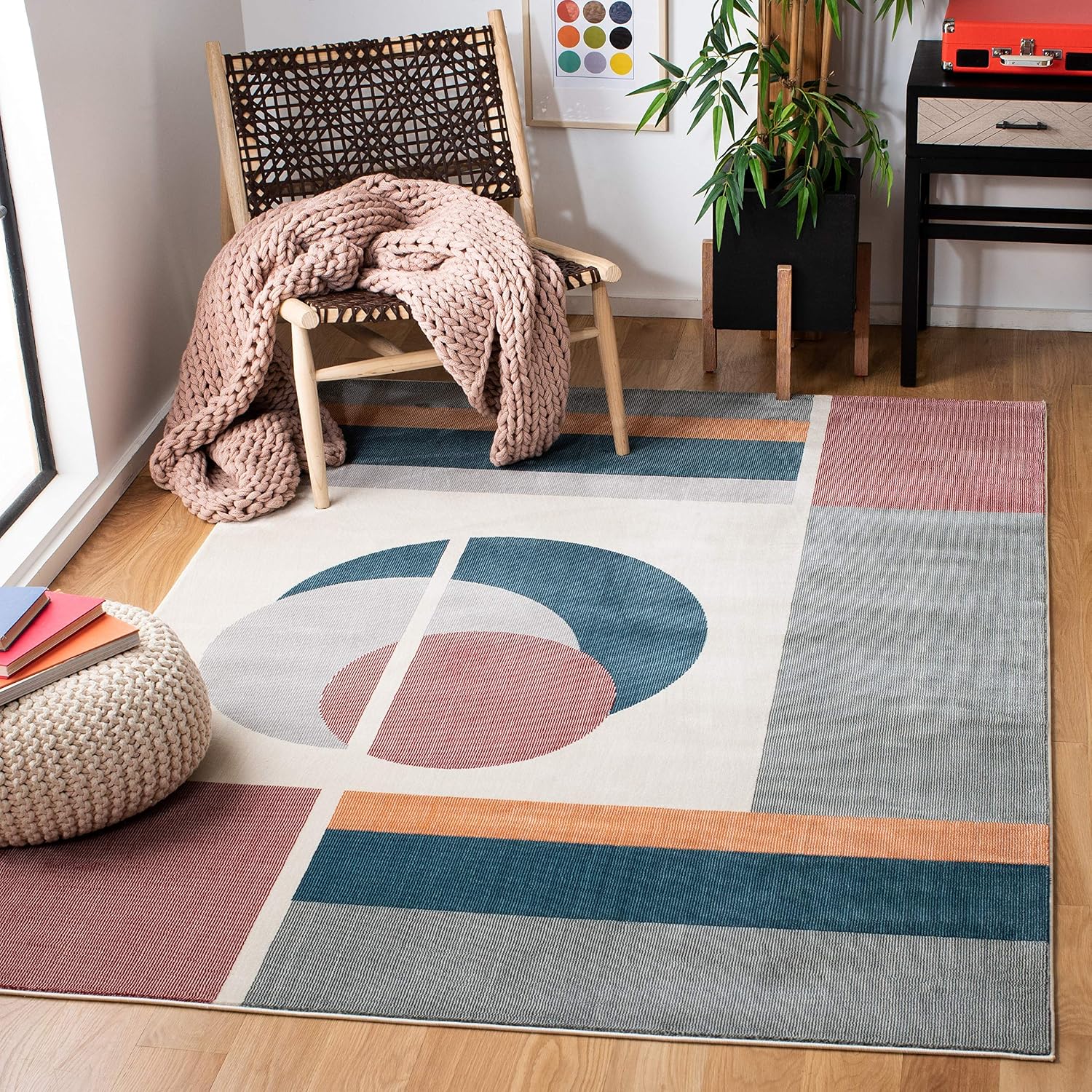 SAFAVIEH Orwell Collection Runner Rug - 2'2" x 9', Beige & Dark Teal, Mid-Century Modern Design, Non-Shedding & Easy Care, Ideal for High Traffic Areas in Living Room, Bedroom (ORW364B)