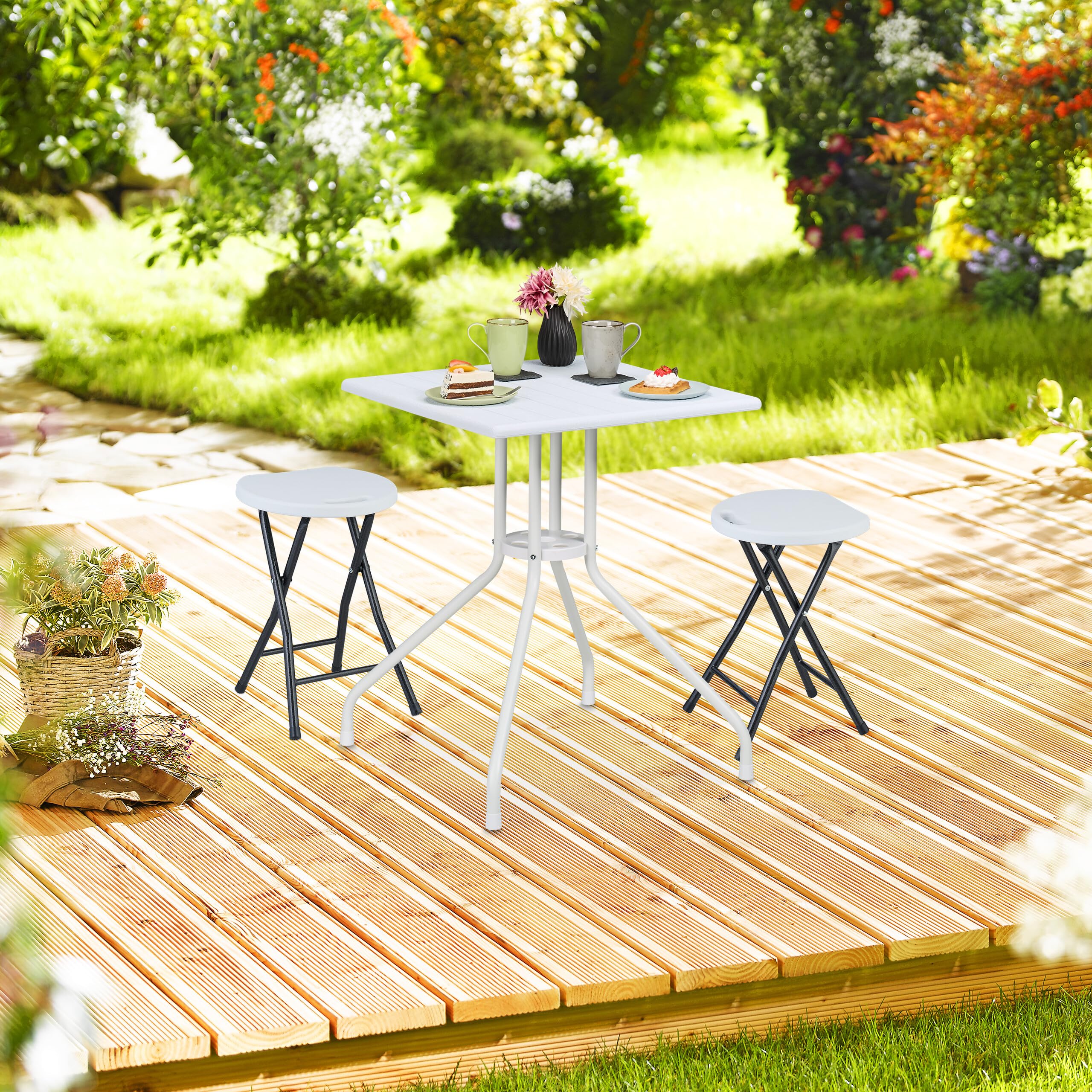 Relaxdays Sgabello Pieghevole, Set da 2, Sedia Campeggio senza Schienale, Resiste Intemperie, 46 x 31 x 30 cm, Bianco