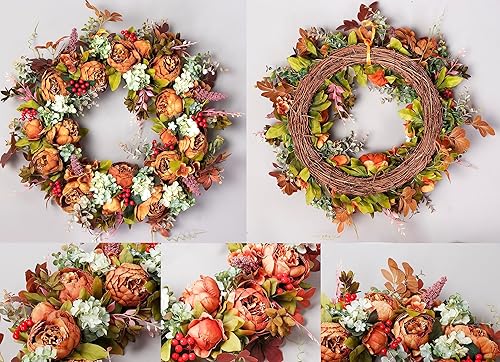 Miniatura 2 de Corona de otoño para puerta delantera, 22 pulgadas, flores artificiales, para otoño, invierno, para puerta delantera, exterior, pared o ventana