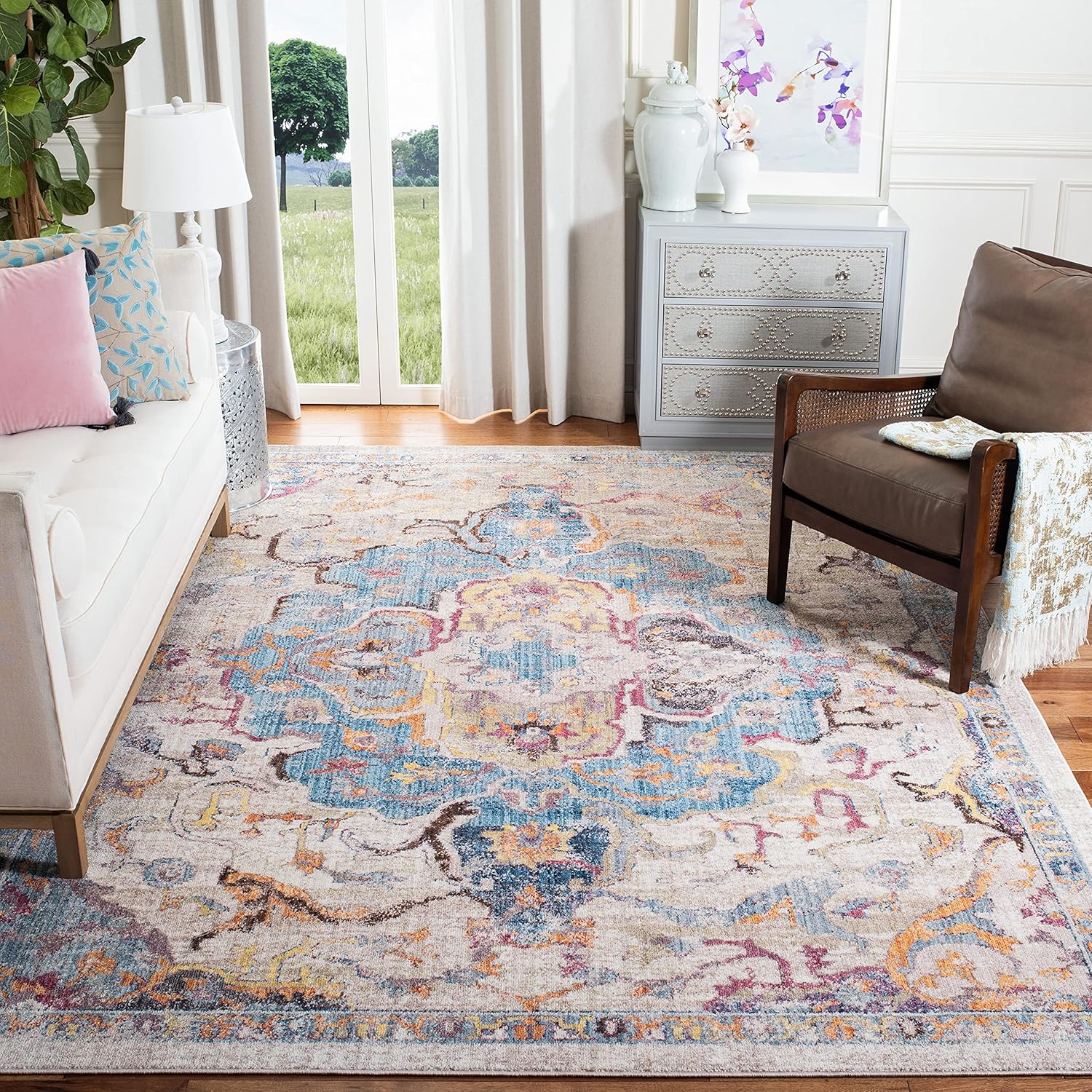 SAFAVIEH Bristol Collection Area Rug - 7' Round, Blue & Orange, Boho Chic Medallion Distressed Design, Non-Shedding & Easy Care, Ideal for High Traffic Areas in Living Room, Bedroom (BTL350S)