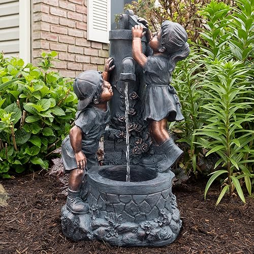 Fuente de agua para exteriores con niño y niña, diseño de bronce antiguo y sonido calmante para decoración en patio, césped y jardín por Pure Garden