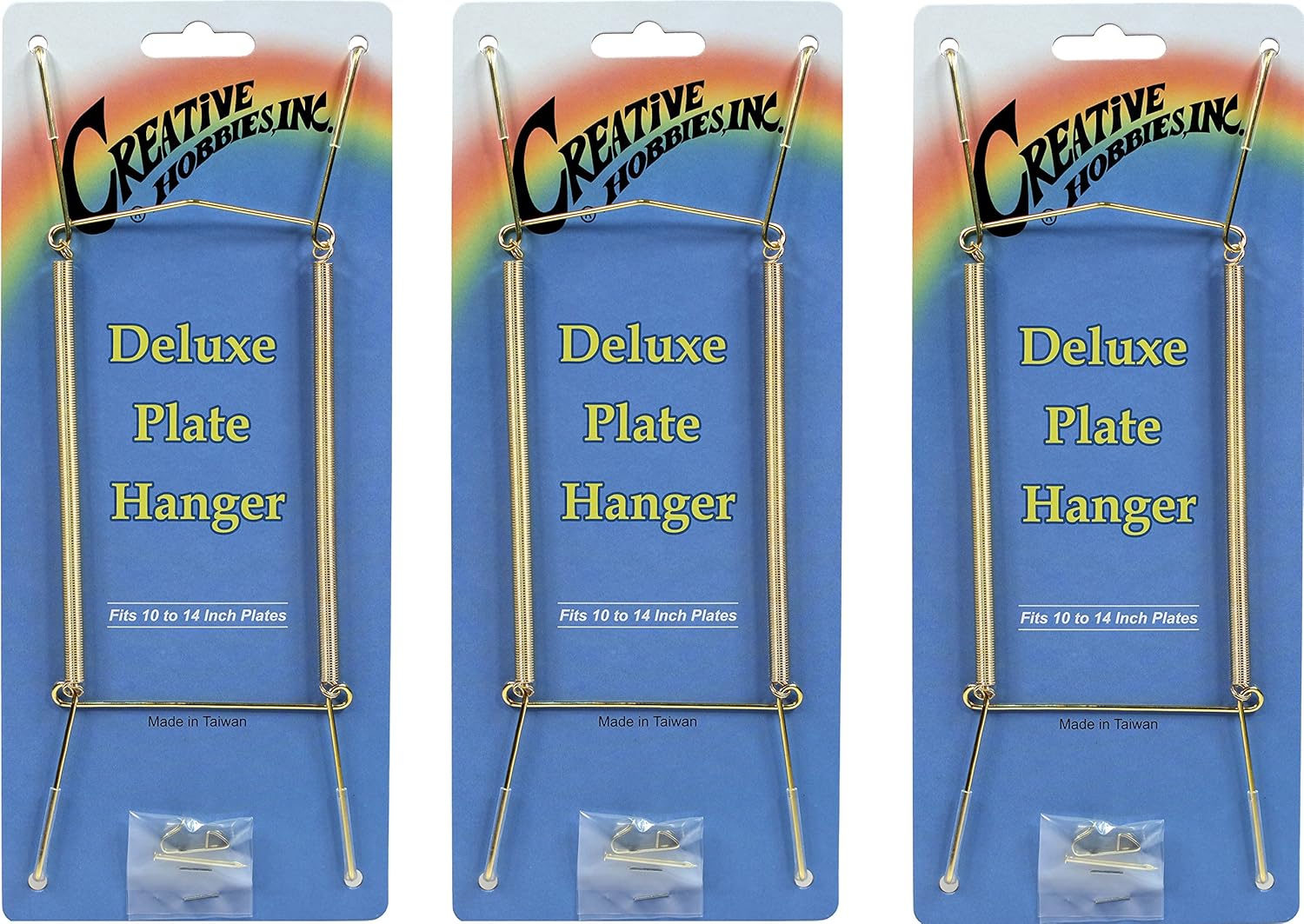 Creative Hobbies® Deluxe Plate Display Hangers, Spring Style - Assembled & Ready to Use - Holds 7 to 10 Inch Plates, Gold Wire Spring Type, Hanger Hooks & Nails Included - Pack of 3