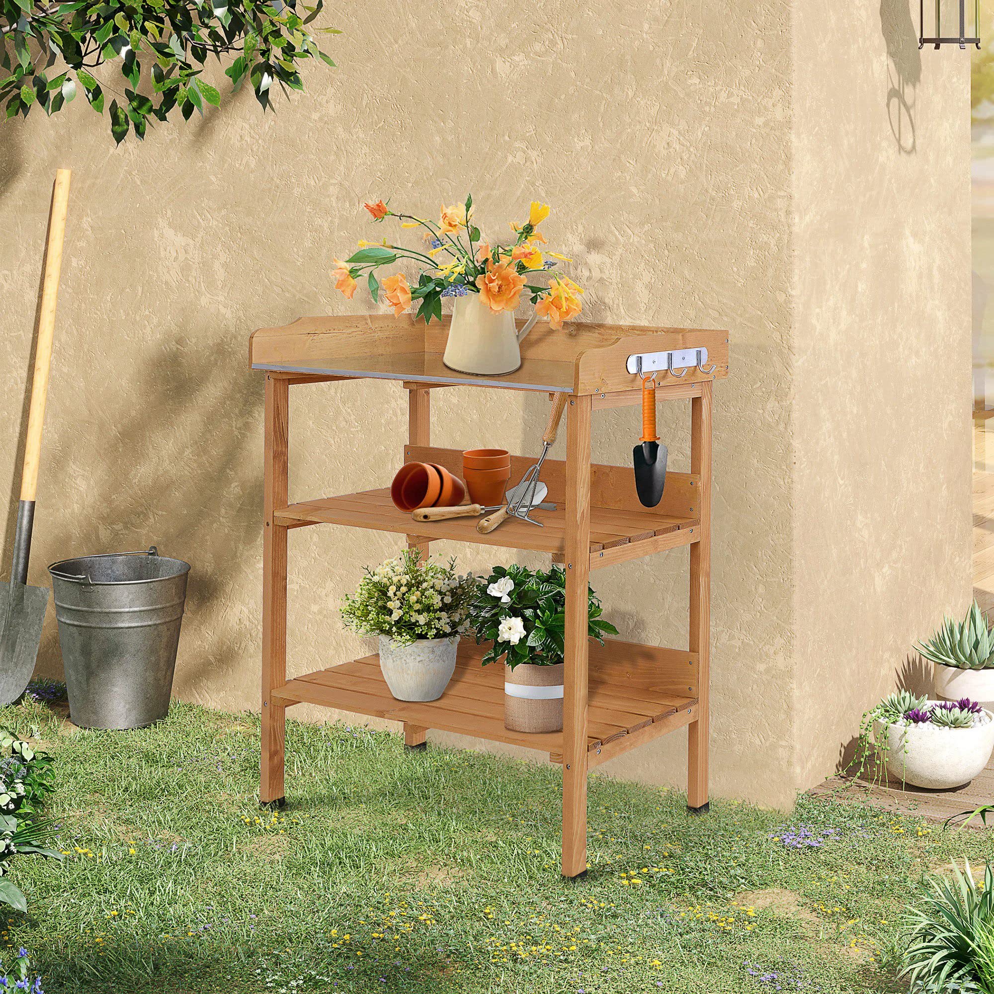 Outsunny Pflanztisch Gärtnertisch Blumentisch mit Metall Arbeitsfläche Garten Holz Natur 76 x 37 x 89 cm