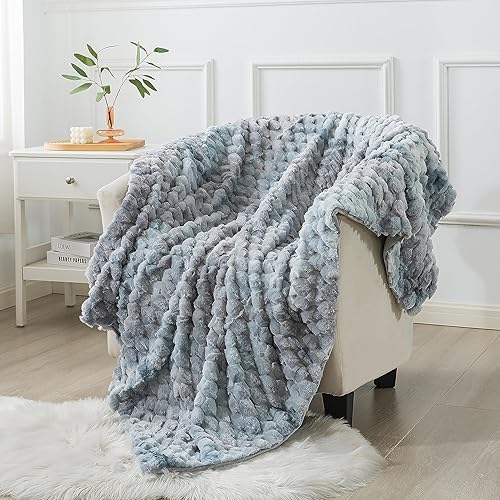 Miniatura 1 de Wajade Manta de felpa de piel sintética, suave patrón de diamante jacquard de doble capa de forro polar esponjoso para todas las estaciones,