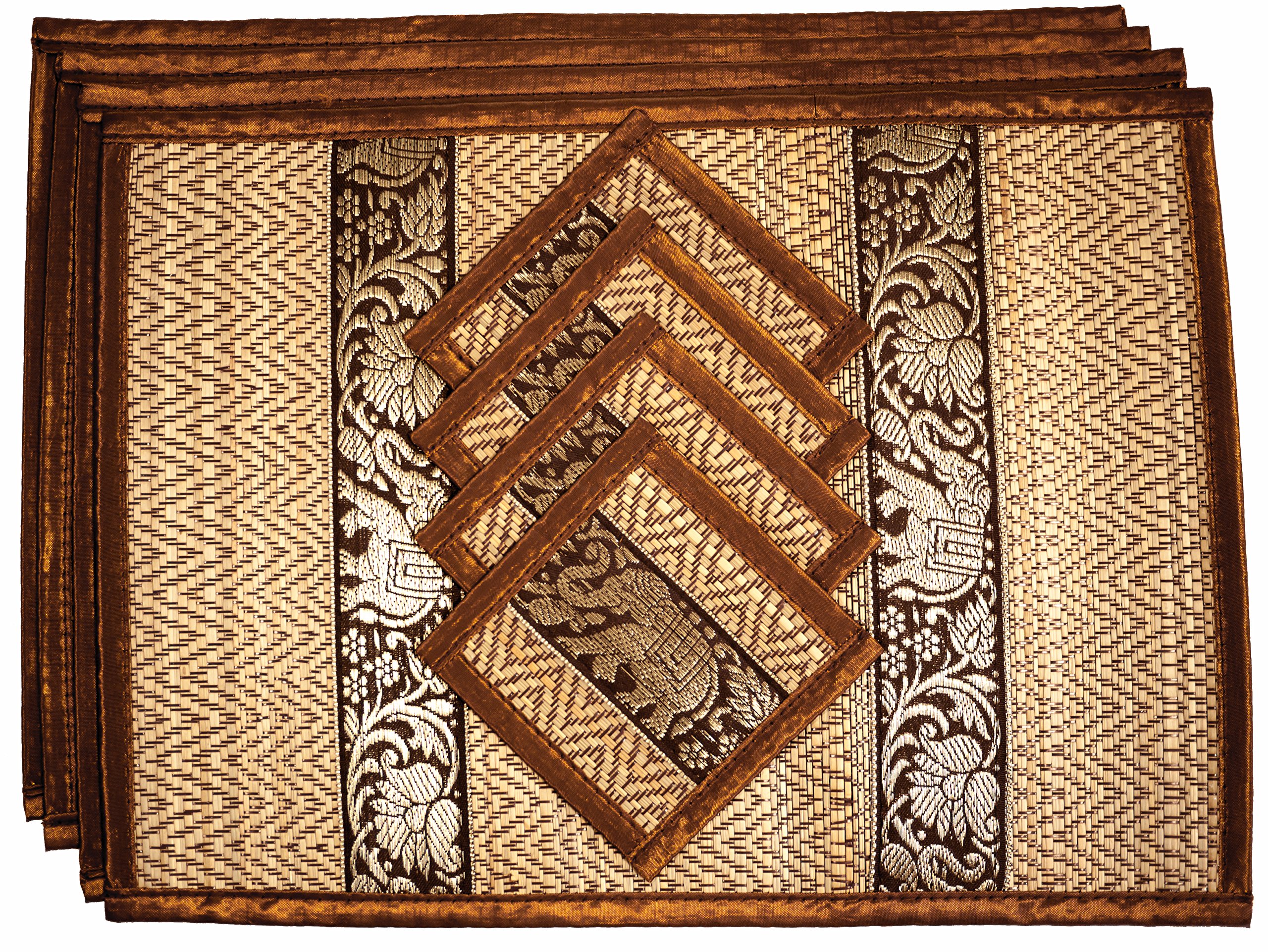Medium Dark Gold : Place Mat and Coaster 4 Set 2 Sizes Large and Medium Natural Reed Wicker with Plush Silk Trim and Elephant Print Eco Sustainable Craft (Medium Dark Gold)