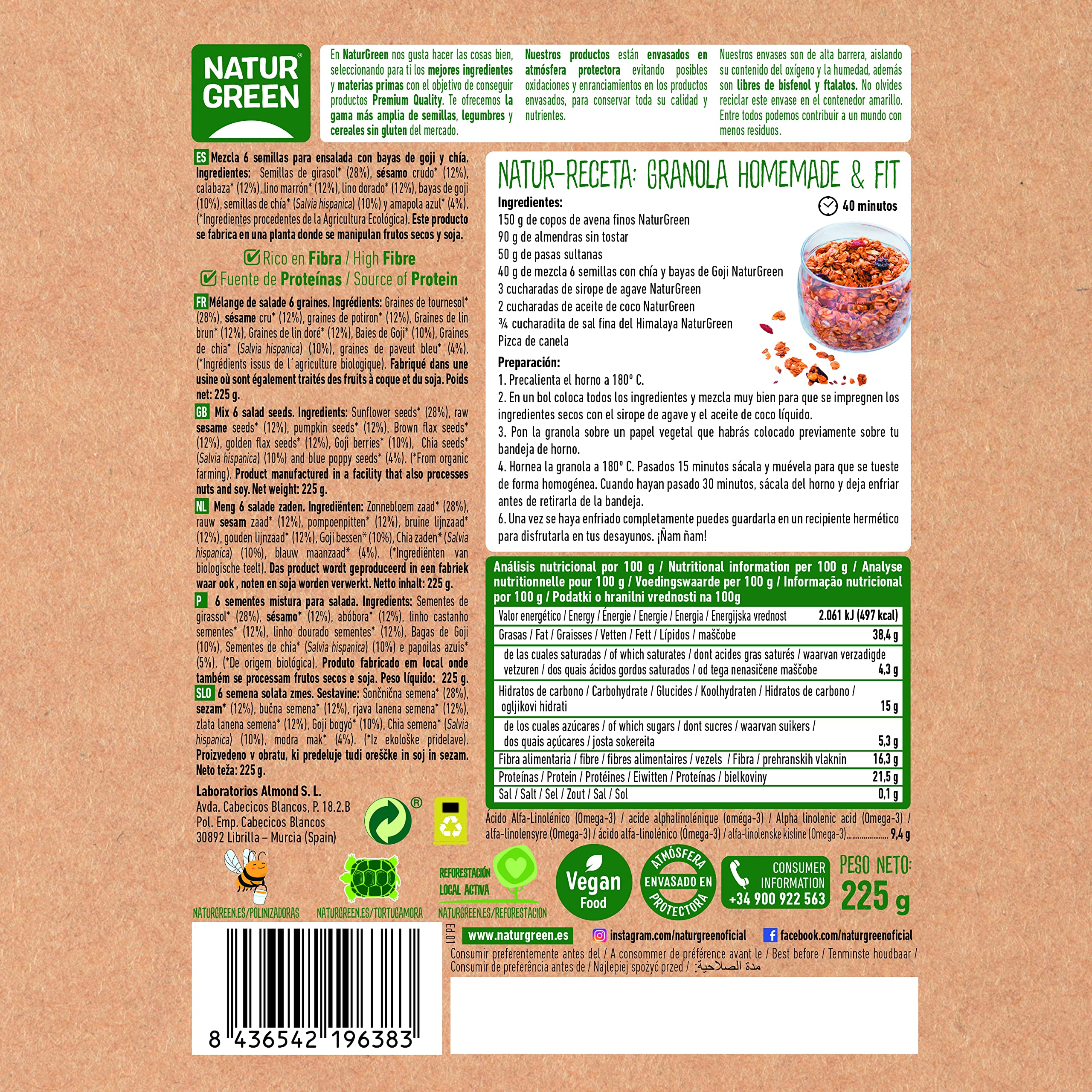 NATURGREEN - Mezcla de 6 Semillas Ensalada Goji y Chía Ecológica, Consumir en Crudo o Tostadas - Pack 12 x 225g
