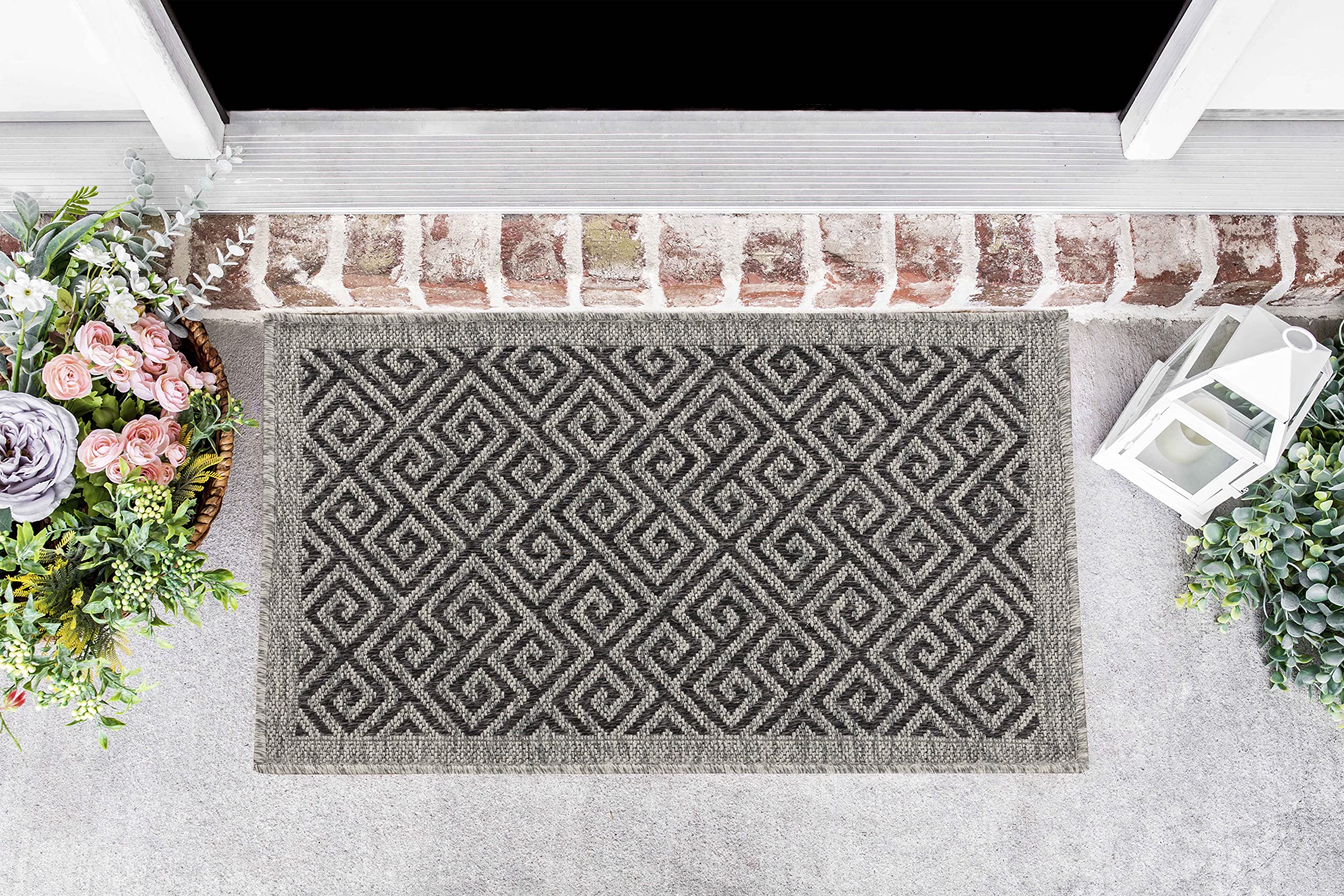Serdim Rugs D.grey-Greek Harper Kilim Braided Greek Key Design Outdoor Rugs, Dark Grey, Rectangle 50 X 80Cm