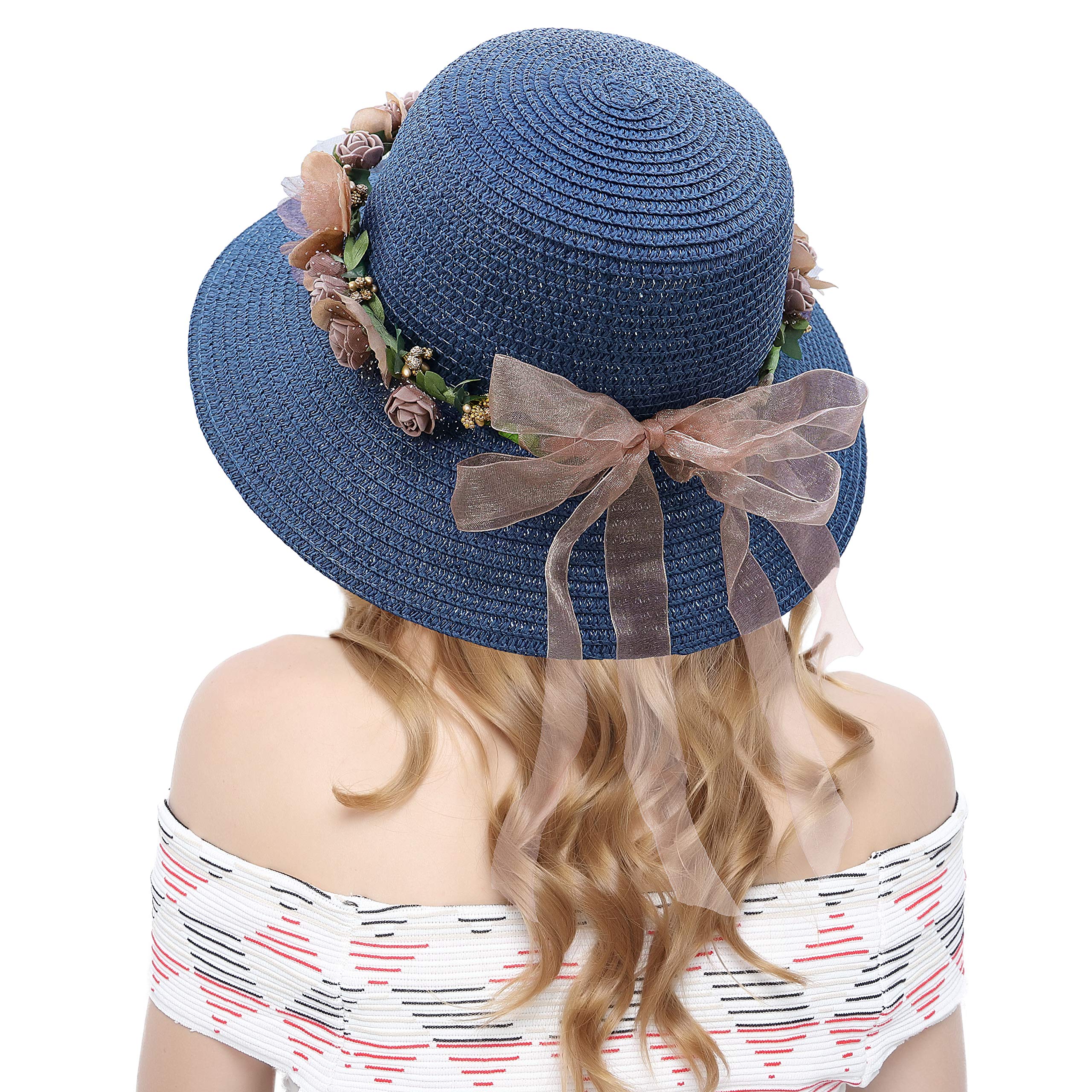 Moda flor encaje cinta ancha tapas verano playa sol sombrero sombrero paja sombreros para las mujeres, marino 3