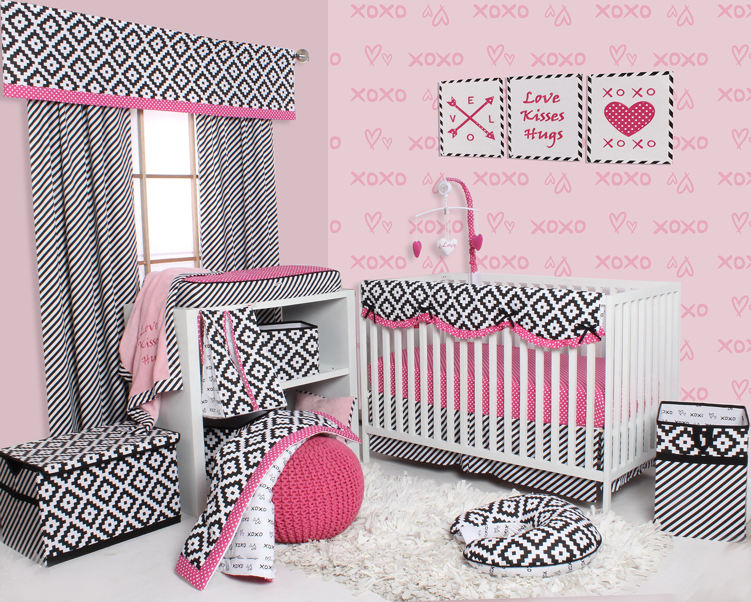 Bacati - Love 100 Percent Cotton Percale Crib Bedding Separates (Patchwork Crib Comforter/Play mat, Black/Fuschia)