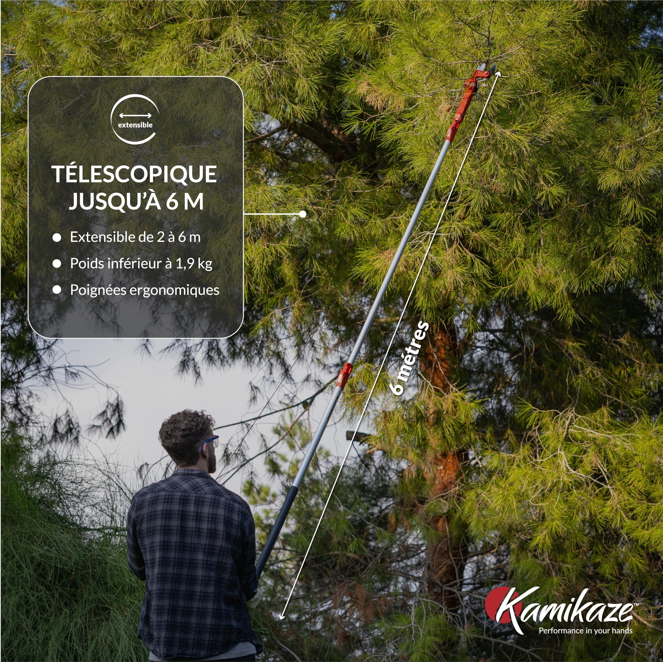 KAMIKAZE Perche multifonction télescopique à 3 brins réglables de 2 à 6 m en aluminium anodisé avec housse en caoutchouc, poignées en polypropylène compatible avec scies MT330BH MT360BH et ciseaux