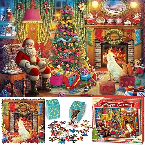 Wowok Calendario de Adviento 2023 rompecabezas de Navidad, rompecabezas navideños junto a la chimenea, rompecabezas de vacaciones para adultos y