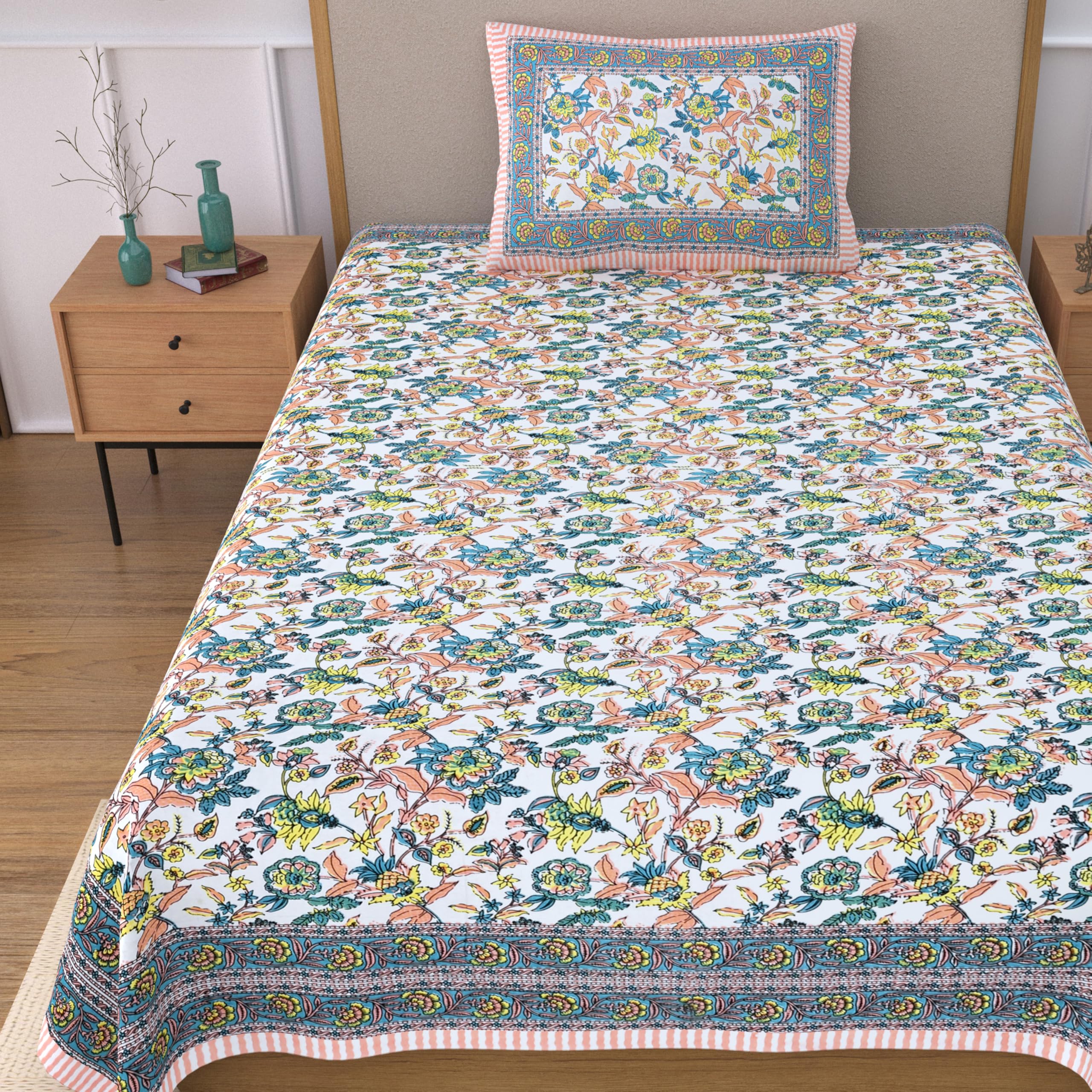 EasyGoods® 100% Pure Cotton Jaipuri Single Size Bedsheet 60x90 inches with 1 Pillow Covers | Soft & Breathable Fabric | Traditional Floral Print | Cotton Bedsheet for Single Bed (Peach, Single)-image-44