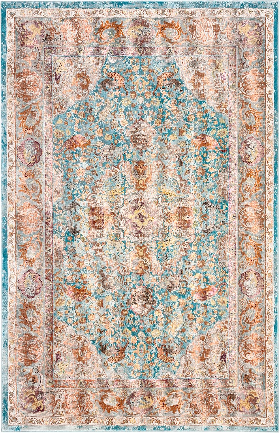SAFAVIEH Aria Collection Accent Rug - 4' x 6', Blue & Orange, Boho Chic Medallion Distressed Design, Non-Shedding & Easy Care, Ideal for High Traffic Areas in Entryway, Living Room, Bedroom (ARA120B)