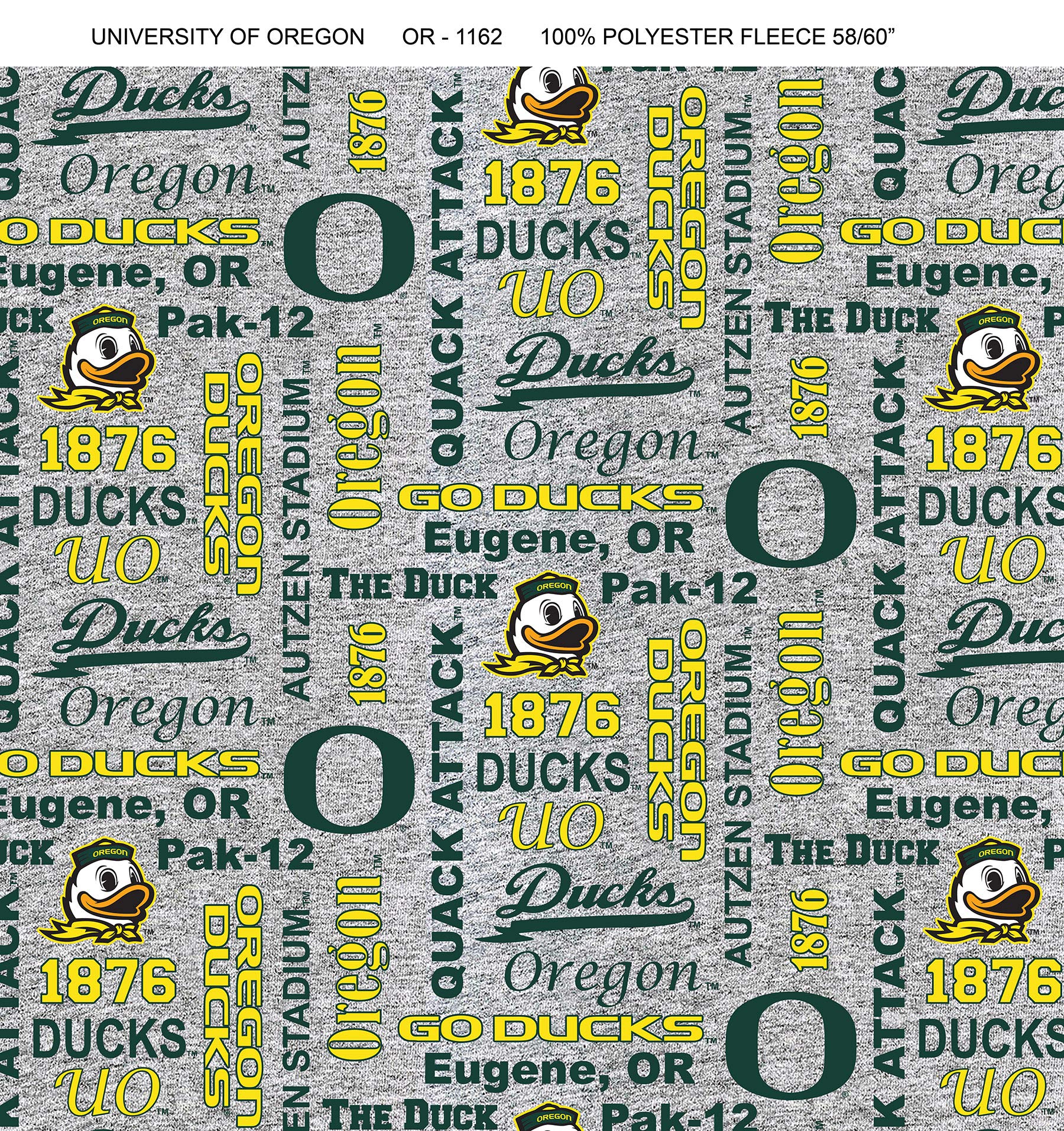 SYKEL ENTERPRISES University of Oregon Fleece Blanket Fabric-Oregon Ducks Heather Grey Fleece Fabric Sold by The Yard