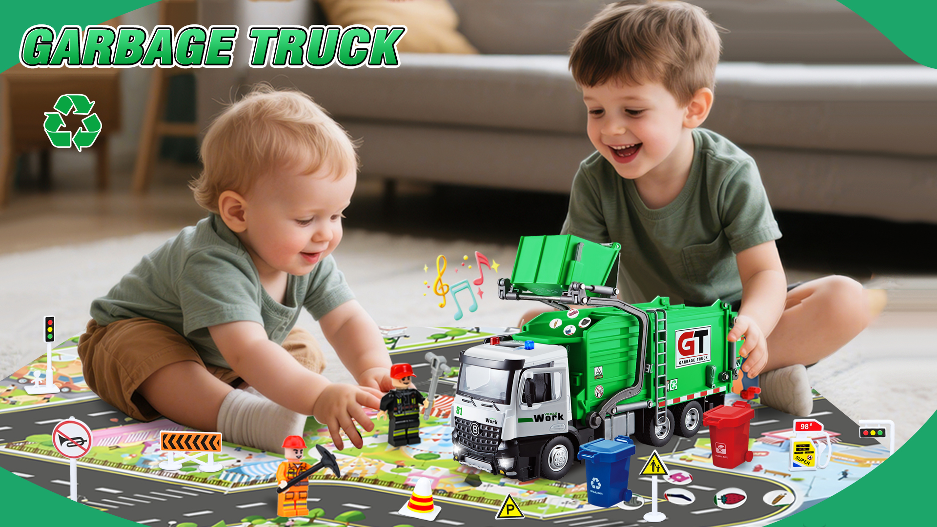 Joellfuner Camion Poubelle Jouet, Gros Camion Enfant avec Lumière et Son, Voiture Friction avec Carte, Plan de Ville et Miniature Poubelle, Educatifs Cadeau pour Garçon Fille de Plus de 3 4 5