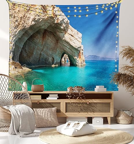 Miniatura 7 de Ambesonne Tapiz de Grecia, cueva marina en la isla de Zante, Grecia, vacaciones relajantes, paisaje marino, imagen costera, colgante de pared ancho
