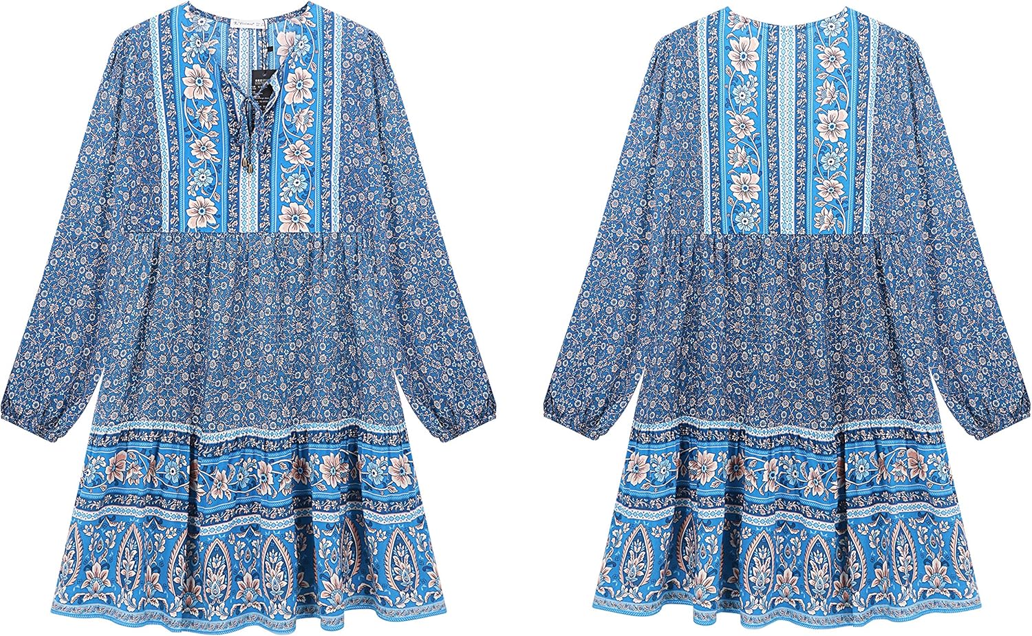 R.Vivimos Women's Cotton Long Sleeve Floral Print Ruffled Hem Casual Boho Flowy Tunic Dress - Image 7