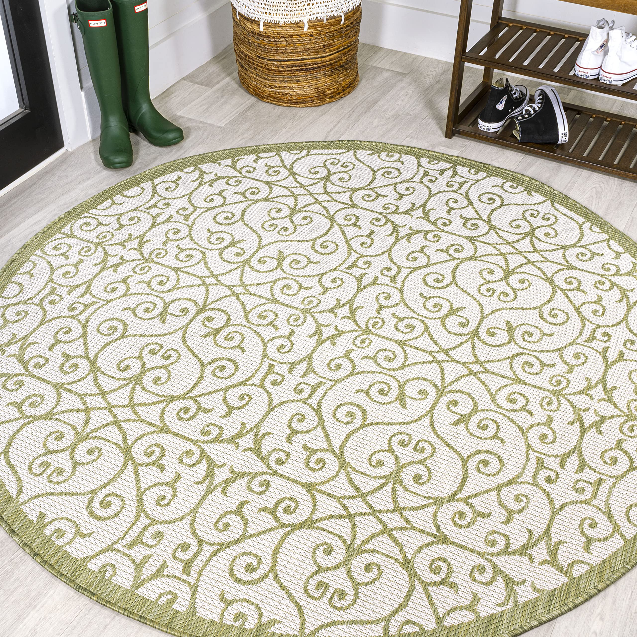 JONATHAN Y Vintage Filigree Indoor Outdoor Round Area Rug 5 Ft Green/Cream