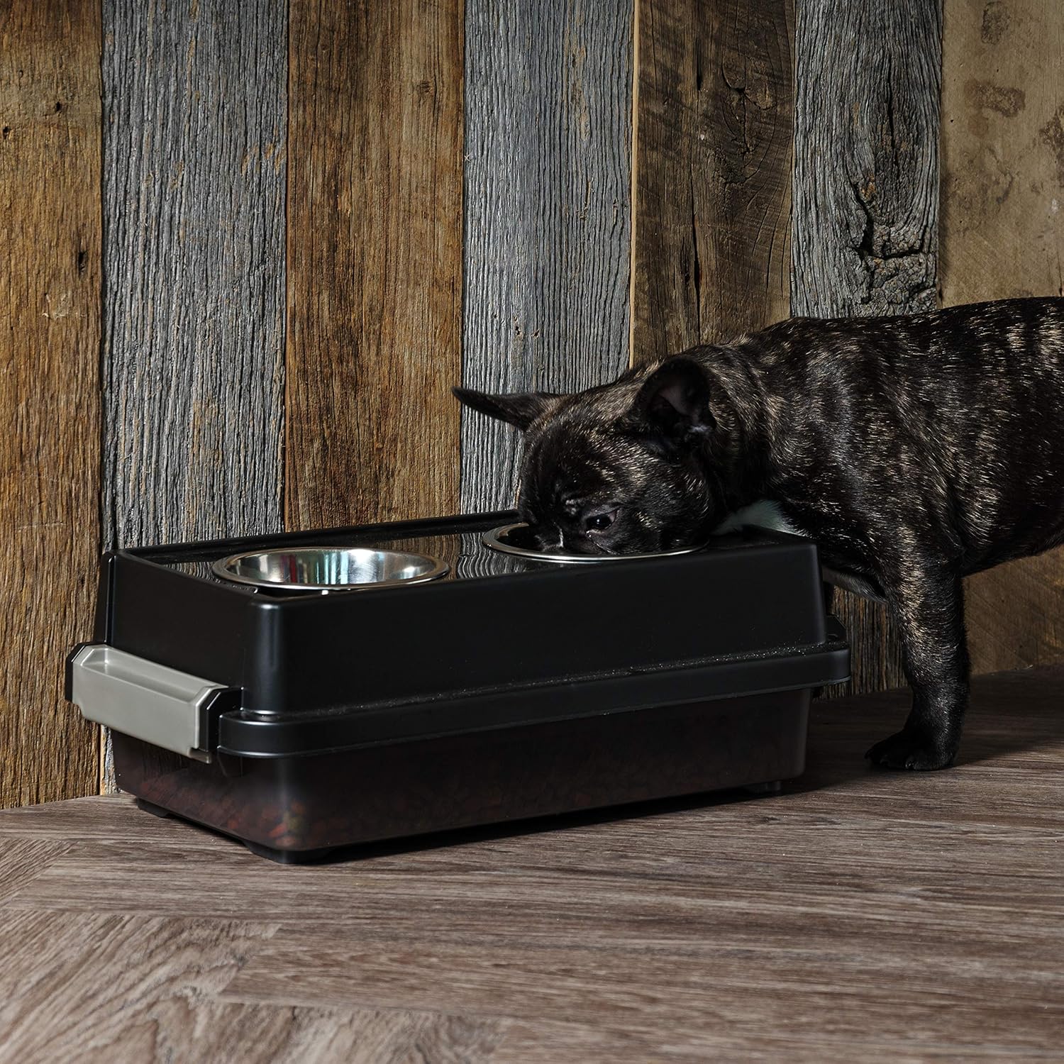 IRIS USA Elevated Dog Bowls with Storage, 6" H Raised Feeding Station, Dog Bowl Stand with Airtight Food Storage Holds 5 lbs, 4 Removable 16 oz Stainless Steel Food and Water Bowls, Smoke/Black