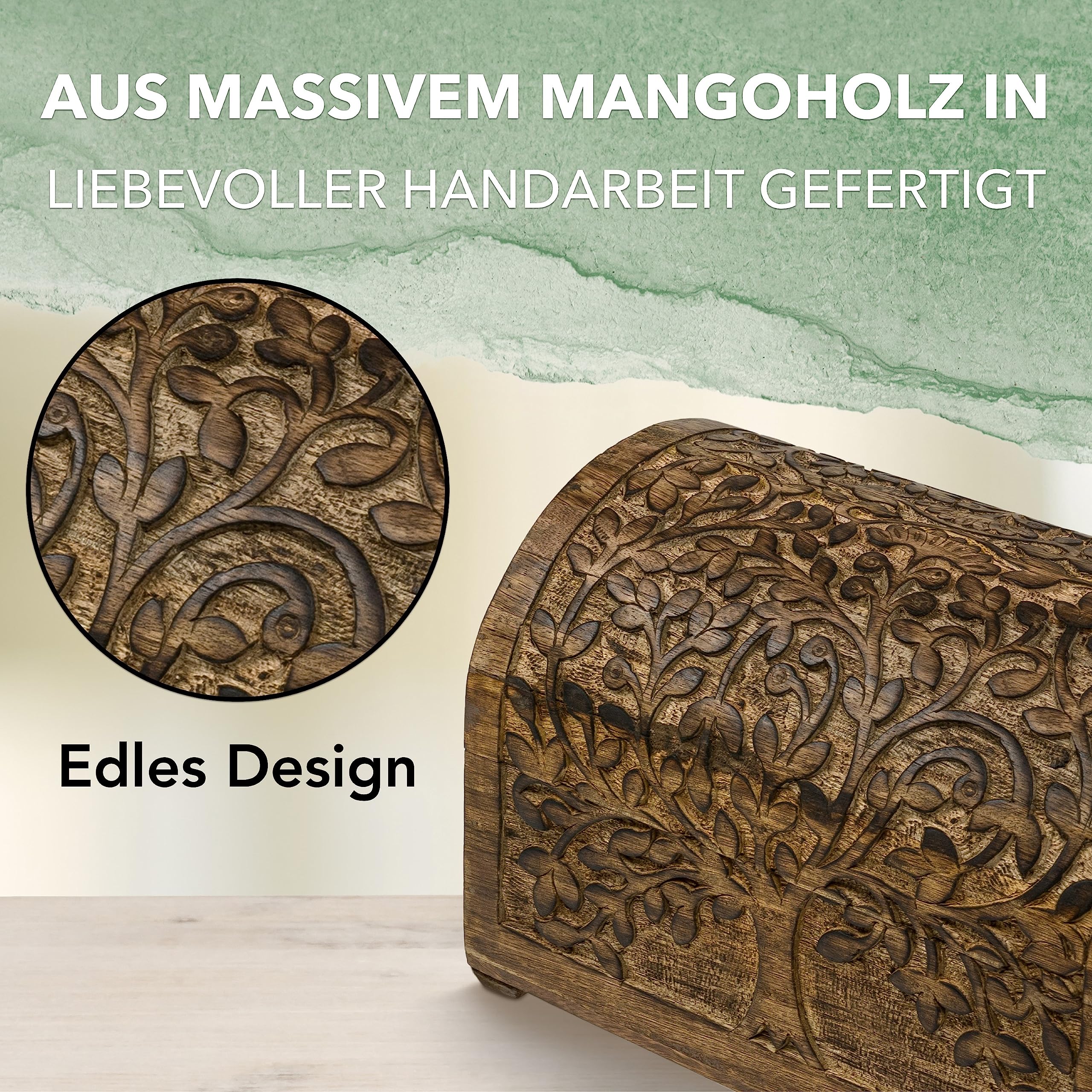 Schatztruhe robuste Schatzkiste Holz „Baum des Lebens“, 28 x 20 x 19 cm, massives Mangoholz, in Handarbeit gefertigt