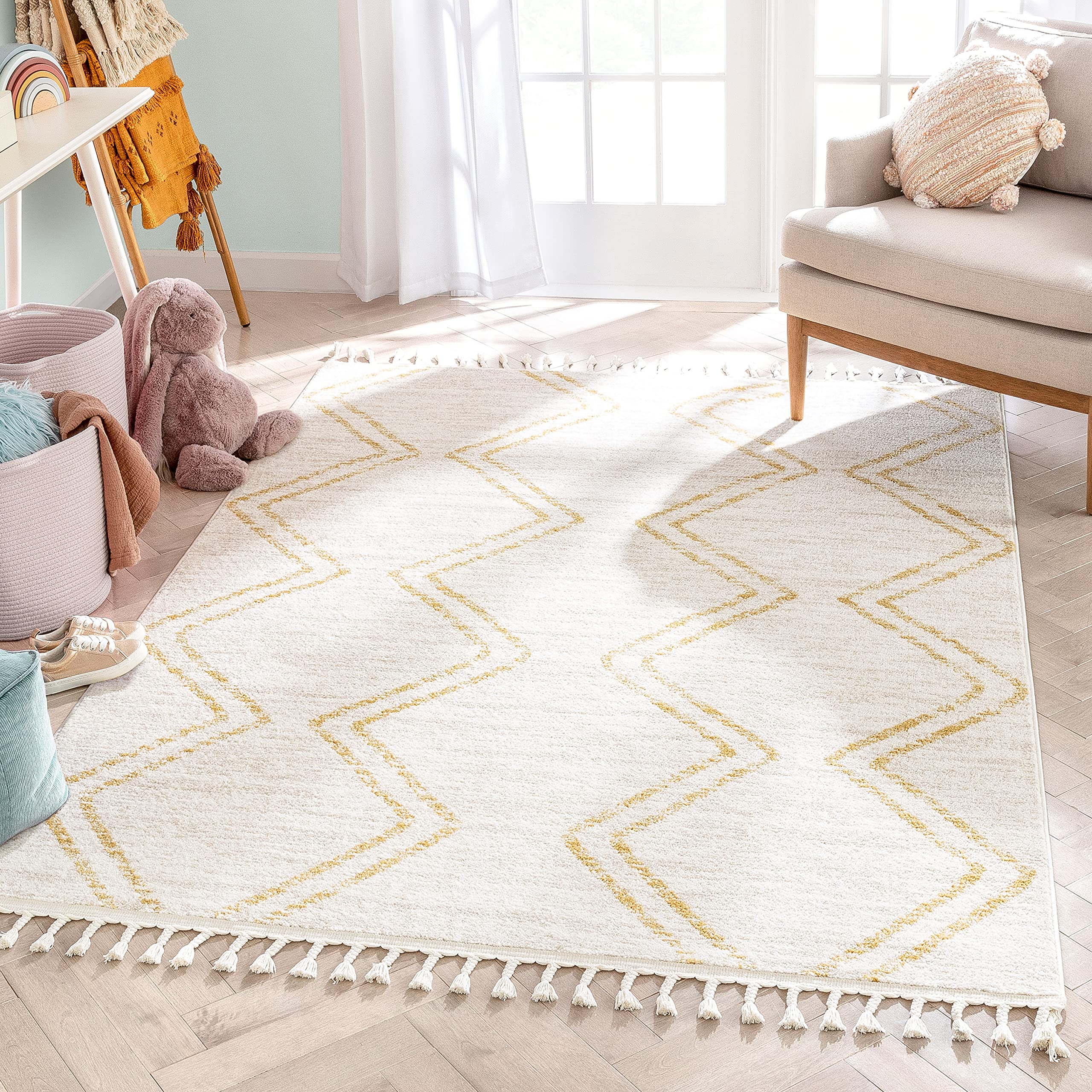 Well Woven Merri Yellow Ivory Geometric Stripes Pattern Stain-Resistant Area Rug 3x5 (3'11" x 5'3")