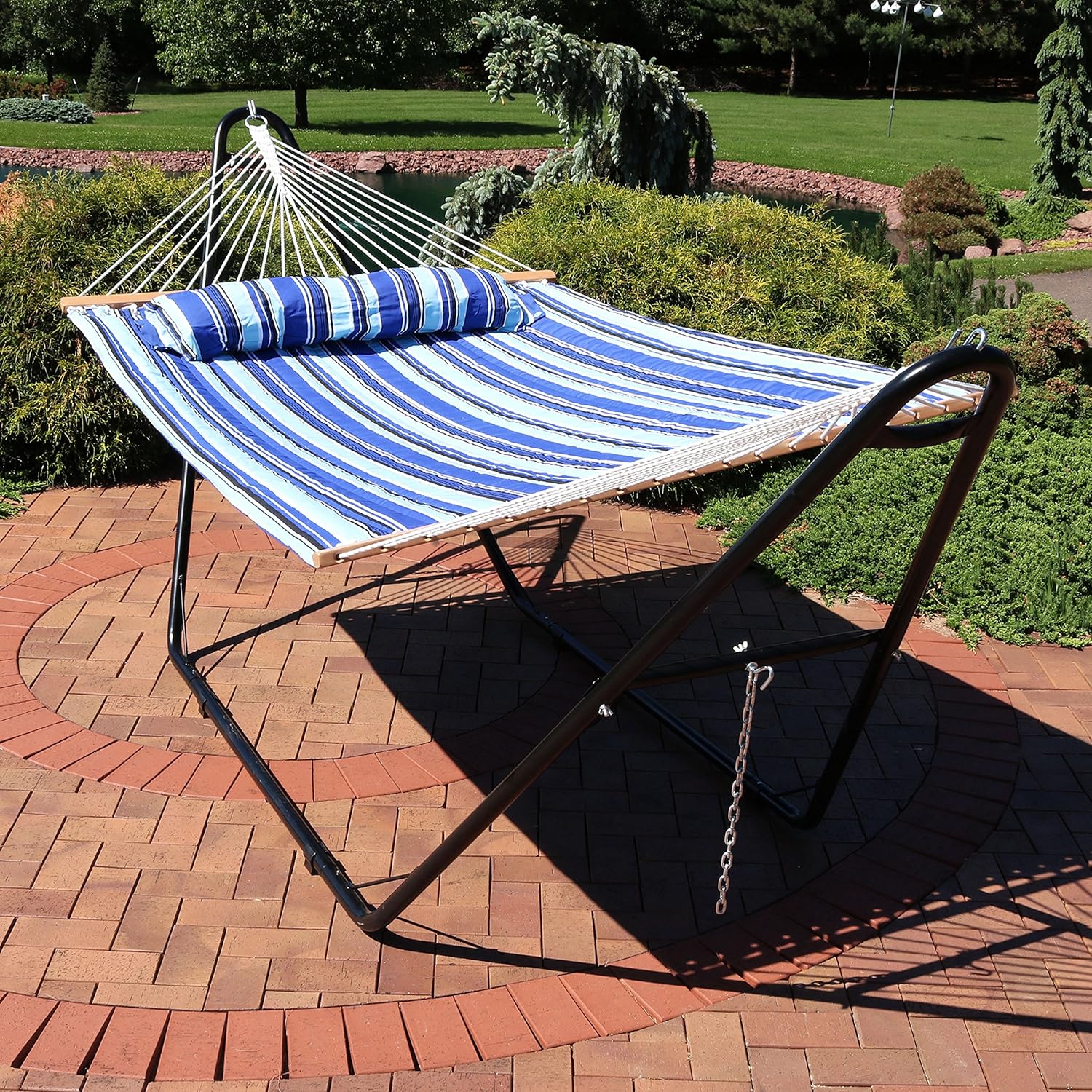 Sunnydaze Double Quilted Fabric Hammock with Universal Steel Stand - 450-Pound Capacity - Black Stand - Catalina Beach