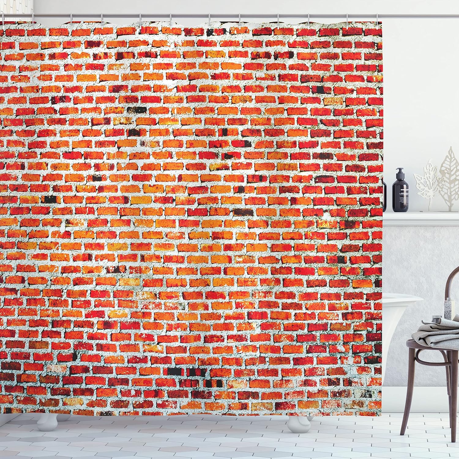 Ambesonne Brick Wall Shower Curtain, Vibrant Brick Wall with Bricks and Grunge Style Vintage Rampart Pattern Print, Cloth Fabric Bathroom Decor Set with Hooks, 69" W x 75" L, Orange Vermilion