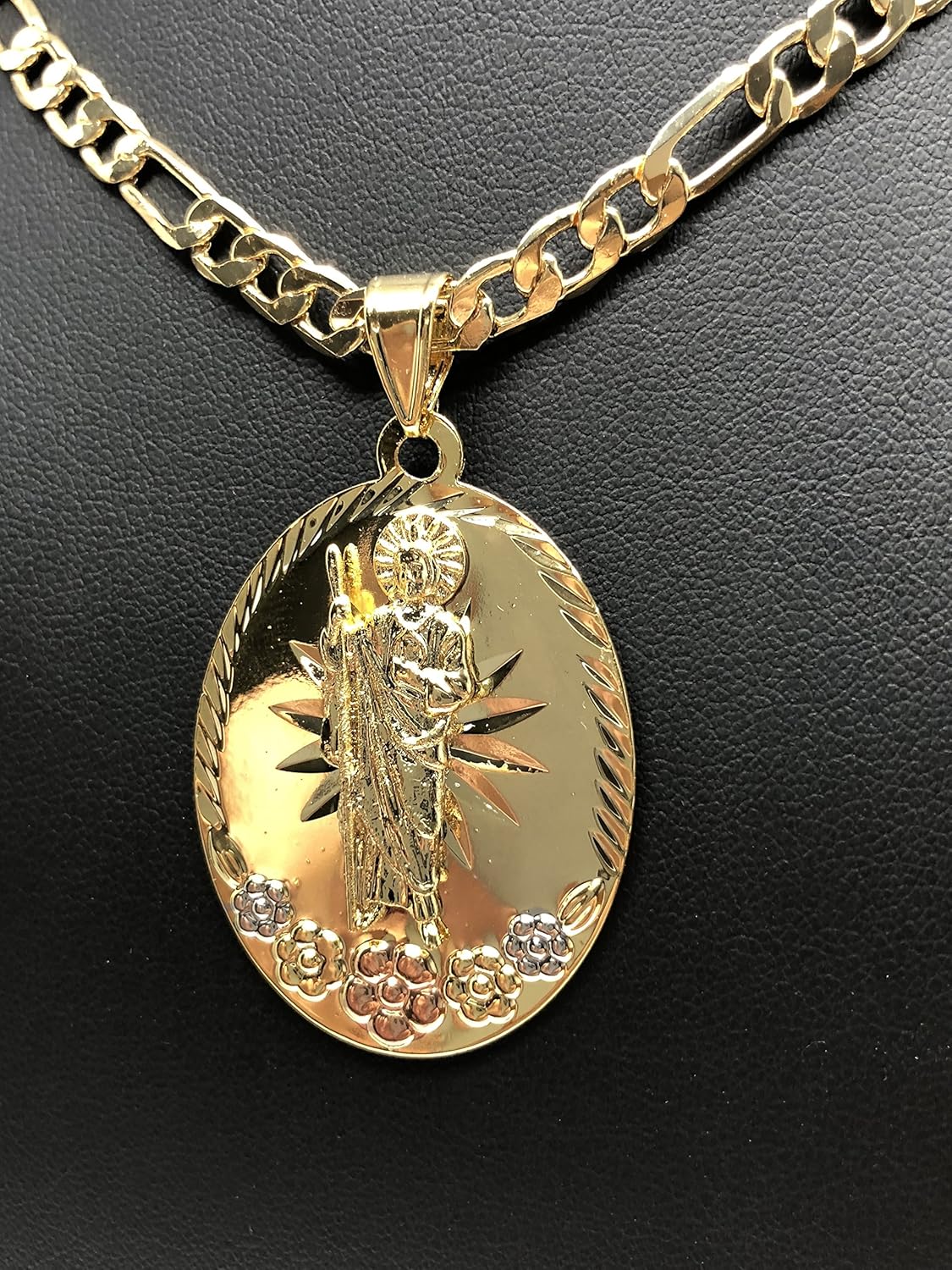 Gold Plated Saint Jude Flower Pendant Necklace Figaro 26" San Judas Tadeo Medalla Con Flores Cadena - Image 7