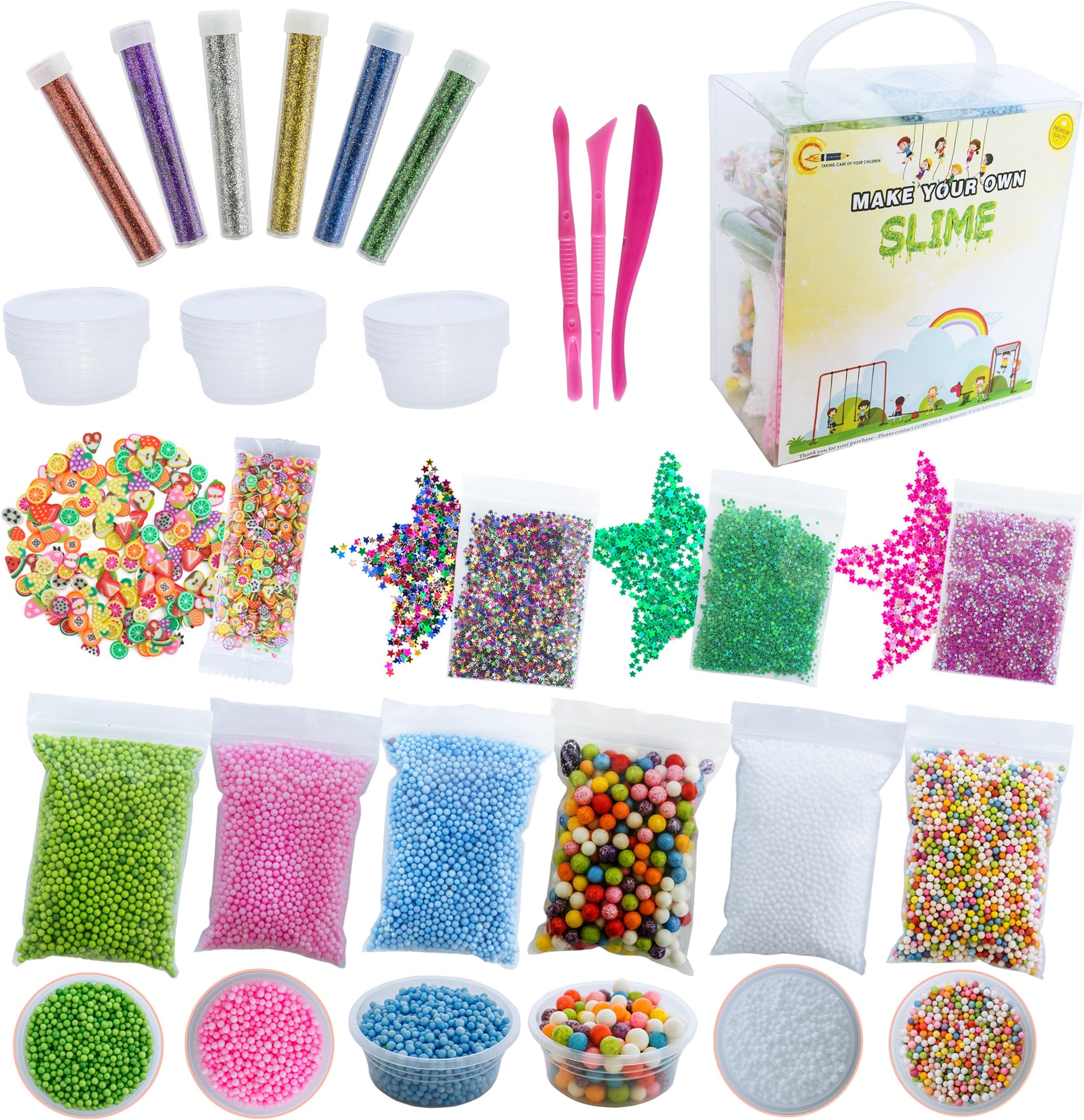 Gomosha Slime Supplies Kit | All-in-one Set with Foam Balls, Foam Beads, Holographic Glitter, Fruit Slices, Confetti, Containers, Tools | Slime Making Stuff of Party Favors for Kids