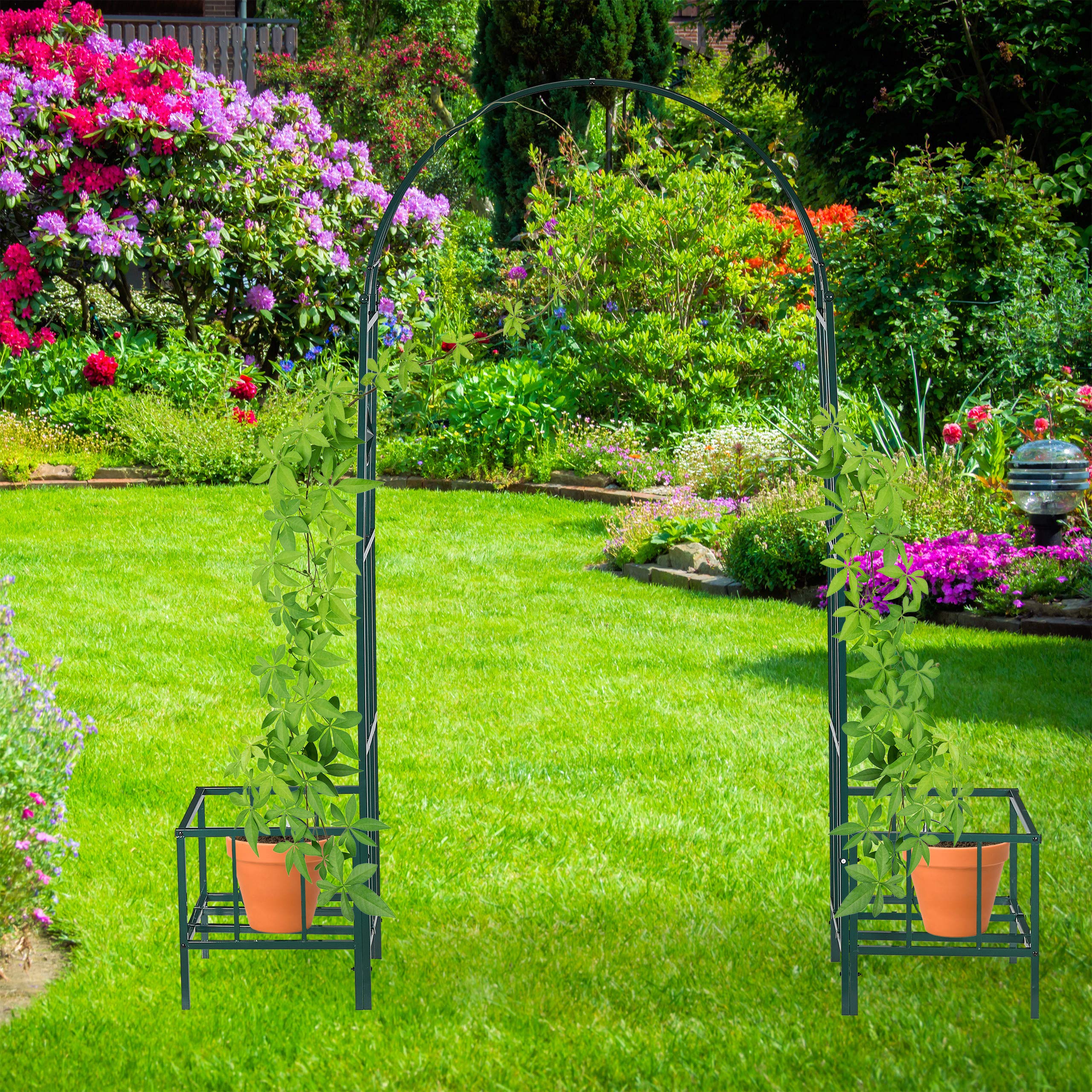 Relaxdays Arcade de rosiers, pergola Plantes grimpantes, 2 bacs jardinière, HxlxP 226 x 204 x 45 cm, Vert foncé