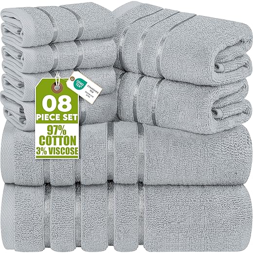 Utopia Towels 8 Piece Luxury Towel Set, 2 Bath, 2 Hand, and 4 Wash Cloths, 600 GSM Ring Spun Cotton, Highly Absorbent Viscose Stripe Towels, Ideal for Everyday use, Cool Grey
