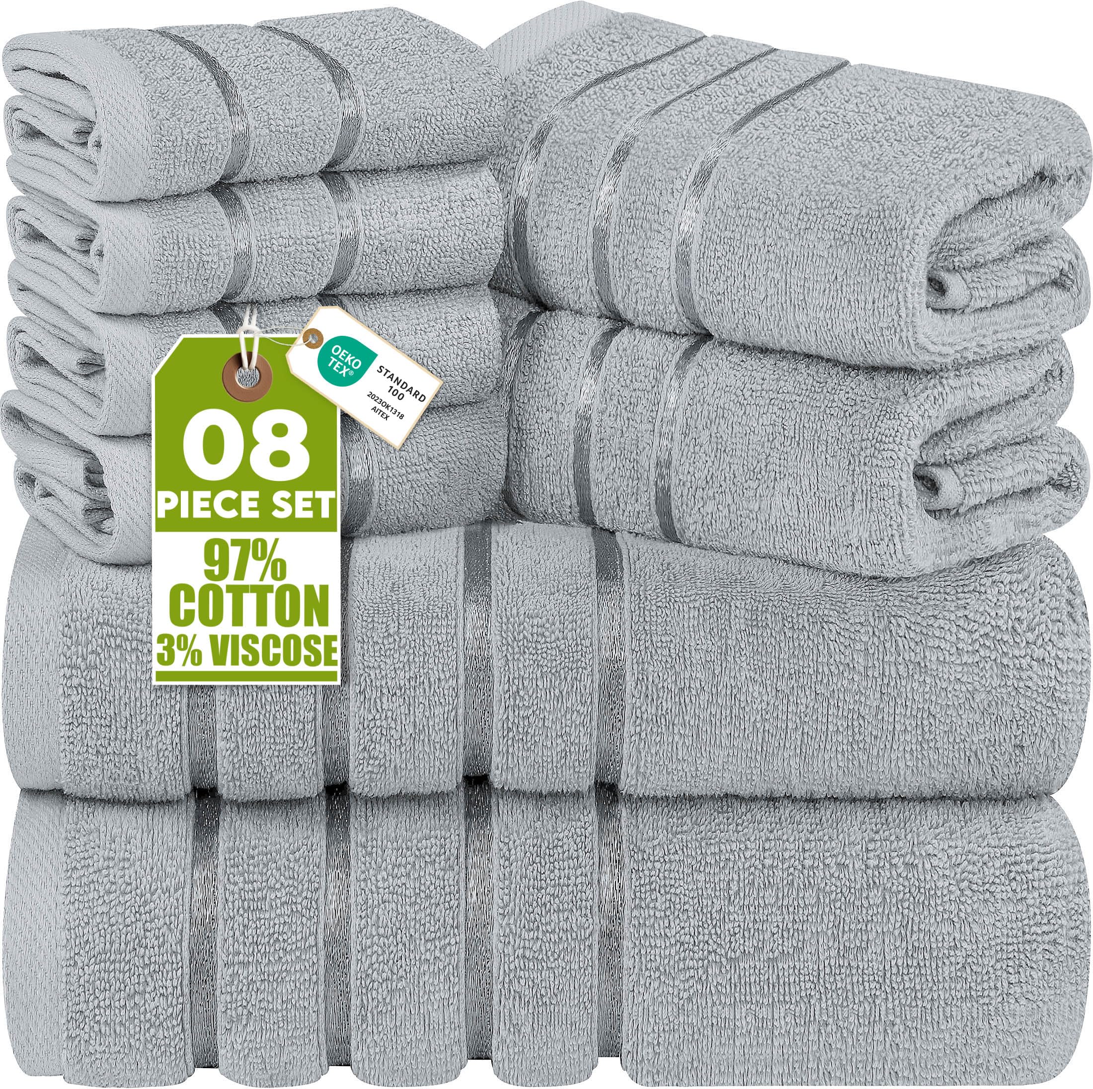 Utopia Towels 8-Piece Luxury Towel Set, 2 Bath Towels, 2 Hand Towels, and 4 Wash Cloths, 600 GSM 100% Ring Spun Cotton Highly Absorbent Viscose Stripe Towels Ideal for Everyday use (Cool Grey)