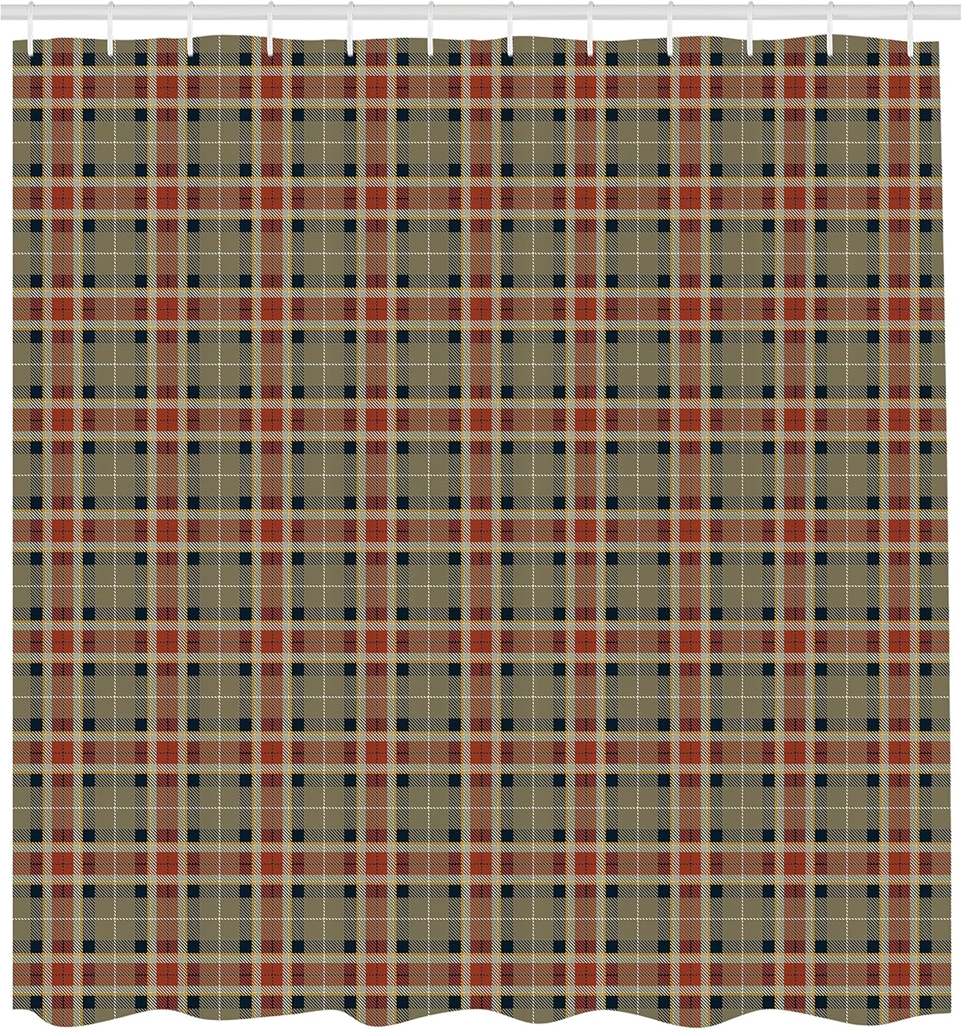 Ambesonne Tartan Shower Curtain, Repeating Geometric Elements Squares and Diagonal Lines Traditional, Cloth Fabric Bathroom Decor Set with Hooks, 69" W x 75" L, Pale Brown Dark Blue