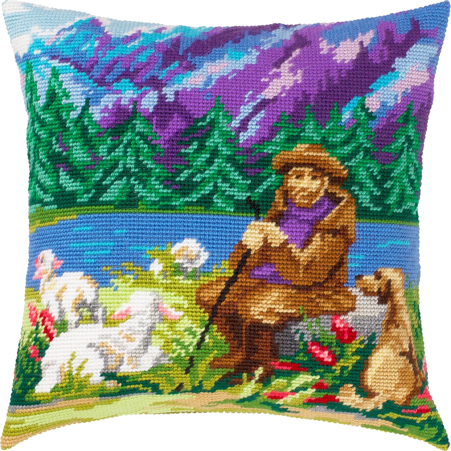 Brvsk Pastoral Stamped Cross-Stitch Kit for Adults and Beginners — Blue Mountains 16″ × 16″ with Clear, Precise Printed Design on Cotton Canvas; Includes 2 Needles, Yarn, and Easy-Read Chart