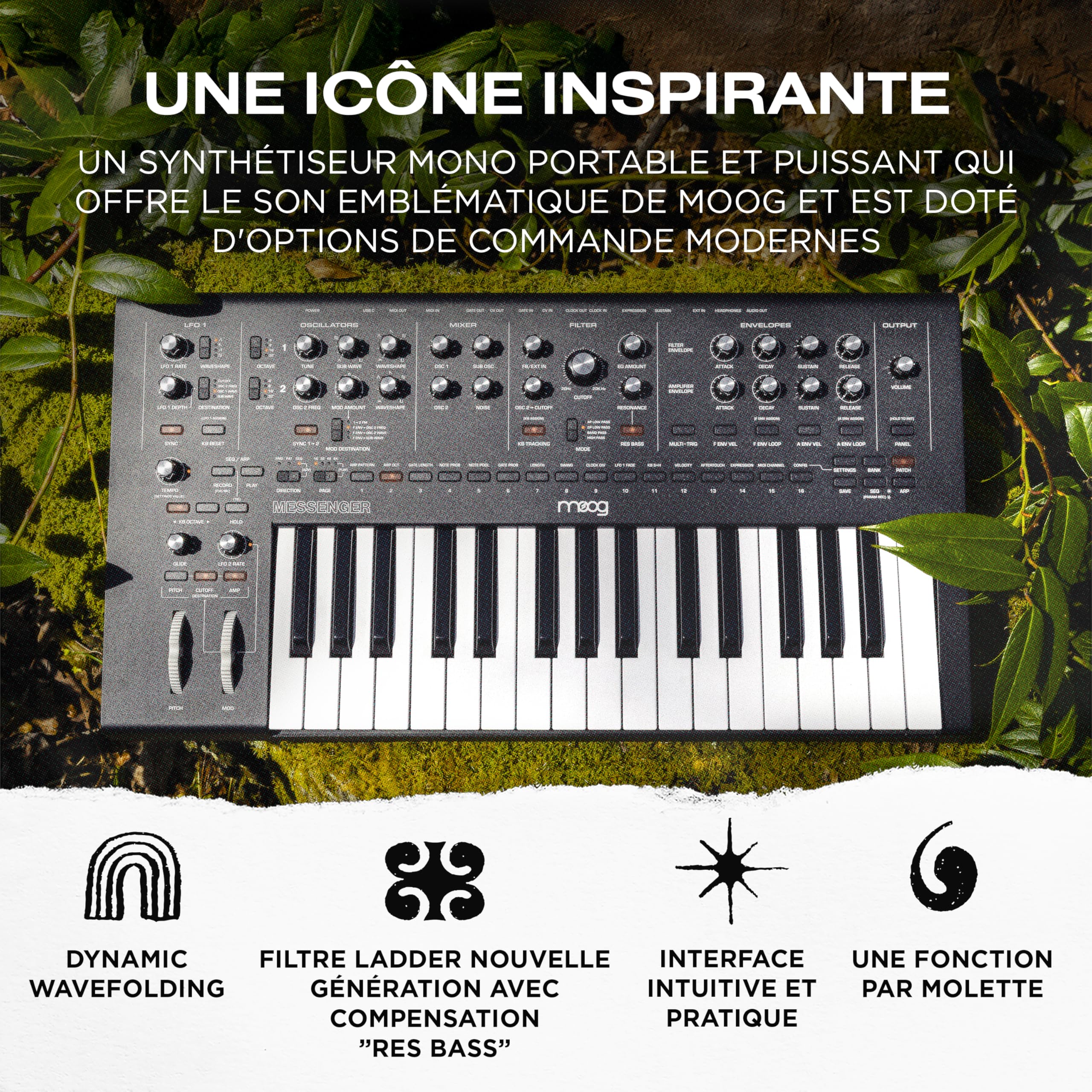 MOOG Messenger - Synthétiseur Monophonique Analogique Nouvelle Génération avec Clavier 32 Touches, Séquenceur 64 Pas, 256 Préréglages et Compensation RES BASS