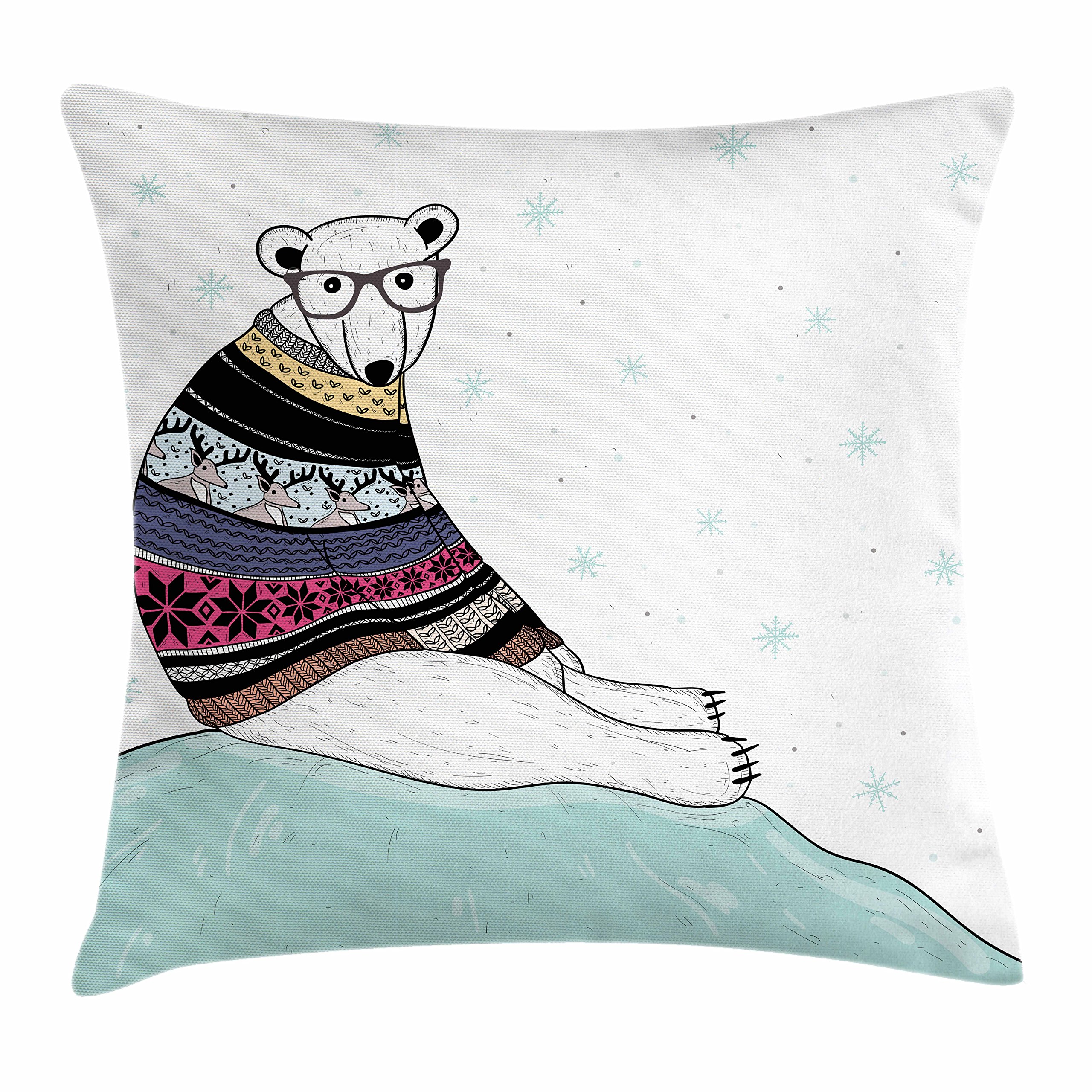 Ambesonne Bear Throw Pillow Cushion Cover, Hipster Polar Bear with Fair Isle Style Sweater Sitting on Ice Christmas Snowflakes, Decorative Square Accent Pillow Case, 18" X 18", Pale Seafoam