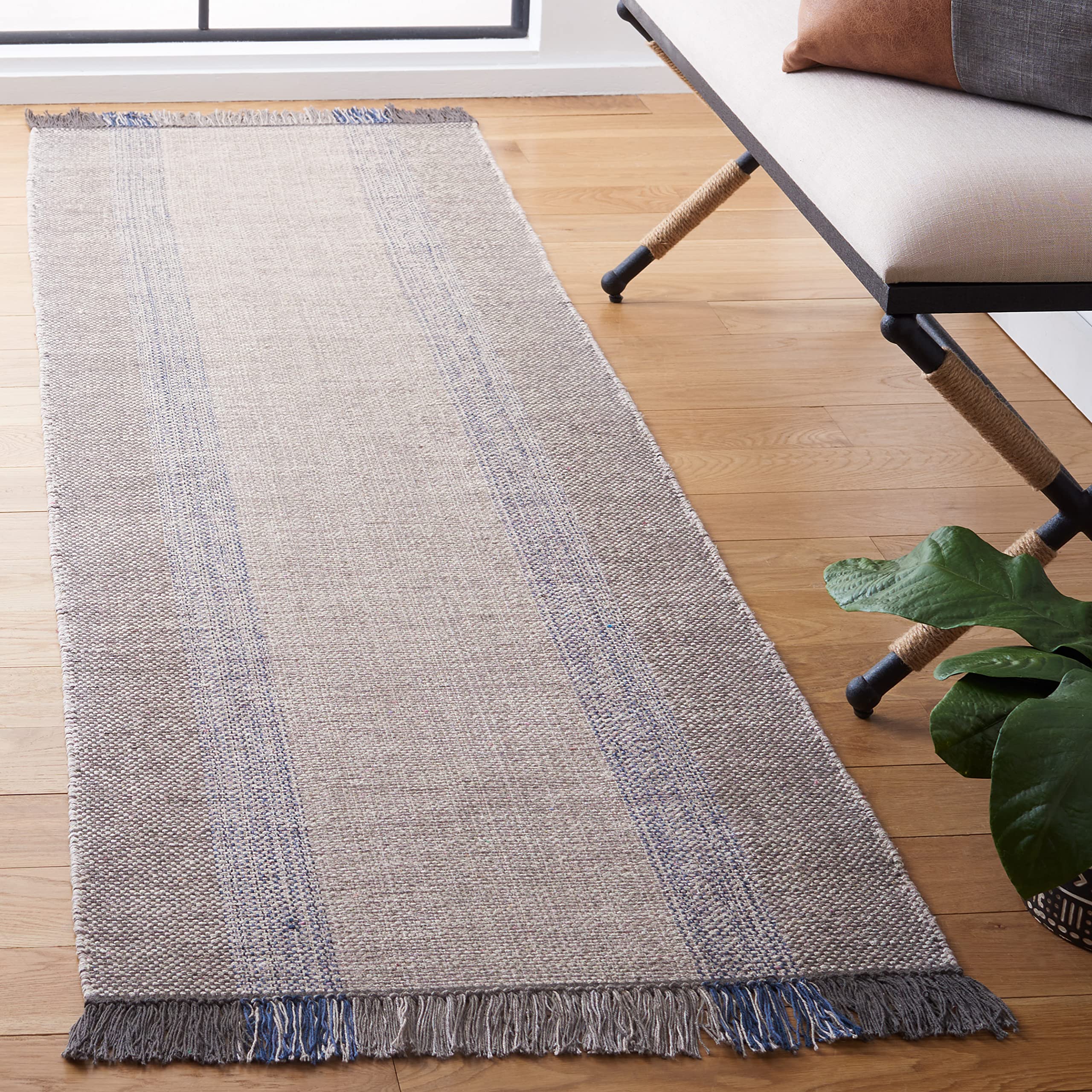 SAFAVIEH Montauk Collection Runner Rug - 2'3" x 9', Blue & Grey, Handmade Flat Weave Boho Farmhouse Cotton Stripe Fringe, Ideal for High Traffic Areas