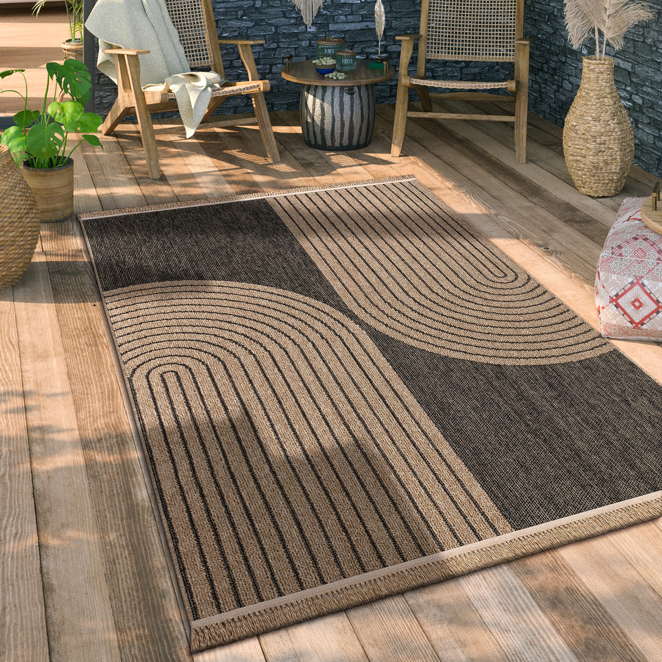 Paco Home Hochwertiger Outdoor Teppich Wetterfest & Pflegeleicht Jute-Sisal-Optik mit Fransen & Hoch-Tief-Effekt Langlebig für Terrasse, Balkon, Garten & Küche, Grösse:200x280 cm, Farbe:Anthrazit