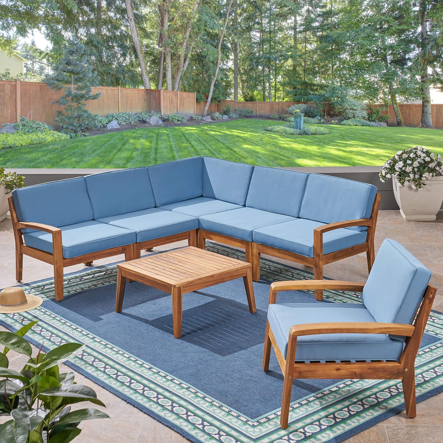 GDFStudio Outdoor Acacia Wood 6 Seater Sectional Sofa and Club Chair Set with Coffee Table, Teak and Blue