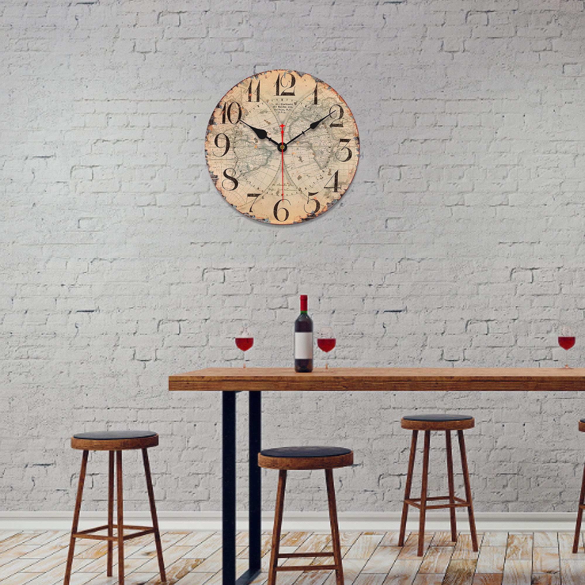 VIKMARI Reloj De Pared Vintage Movimiento De Cuarzo Relojes De Pared Silenciosos Sin Tictac Reloj con Batería Que Cuelga Reloj Redondo De Madera Vintage |Mapa del Mundo|14"