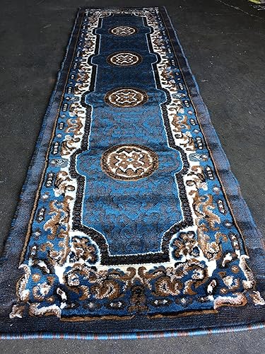Miniatura 2 de Kingdom Alfombra de pasillo tradicional azul marrón diseño persa D123 (2 pies x 7 pies)