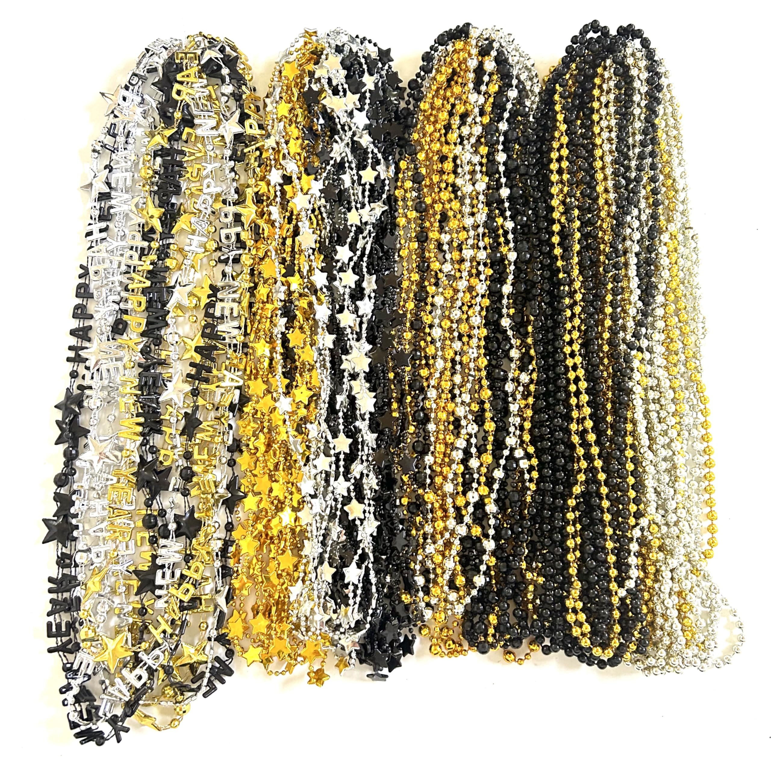 GZYSSL 81 Pcs Happy New Year Beads Necklaces - Black, Gold, Silver - New Year Eve Bulk Accessories & Decorations