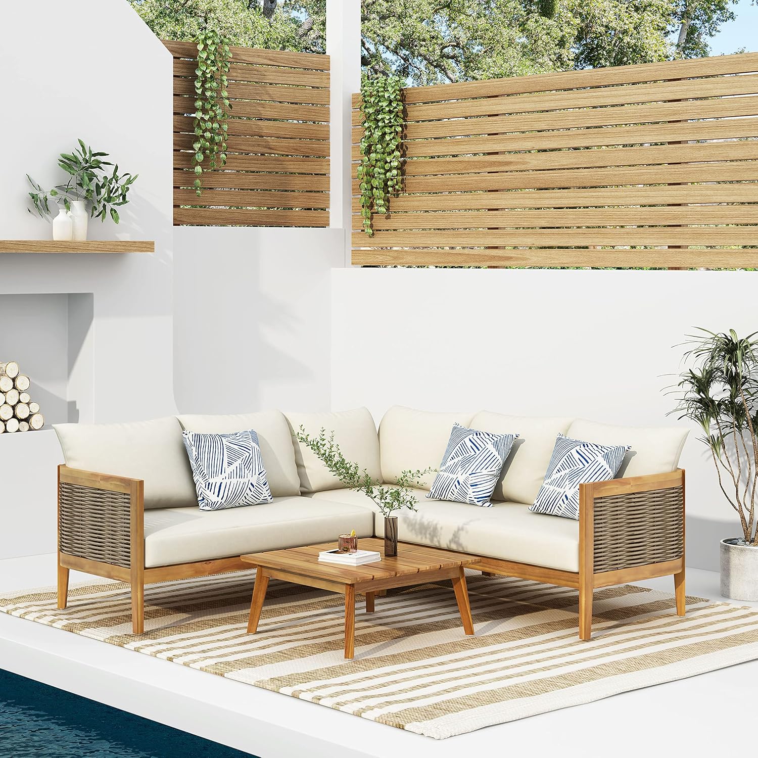 Christopher Knight Home Burchett Outdoor 5 Seater Sectional Sofa Chat Set with Cushions - Acacia Wood and Round Wicker - Teak/Mixed Brown/Beige