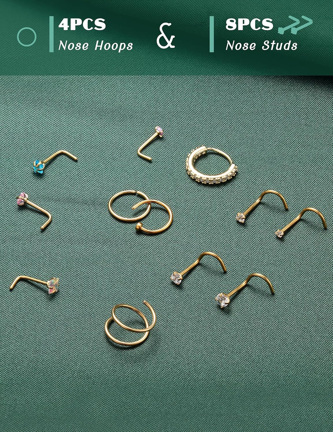 ORAZIO Nose Rings for Women - 14K Gold Filled Hypoallergenic Surgical Steel Nose Ring Hoops 18G/20G/22G Small Cute CZ Screw L Shaped Nose Studs Piercings Jewelry for Women Men 12Pcs - Image 5