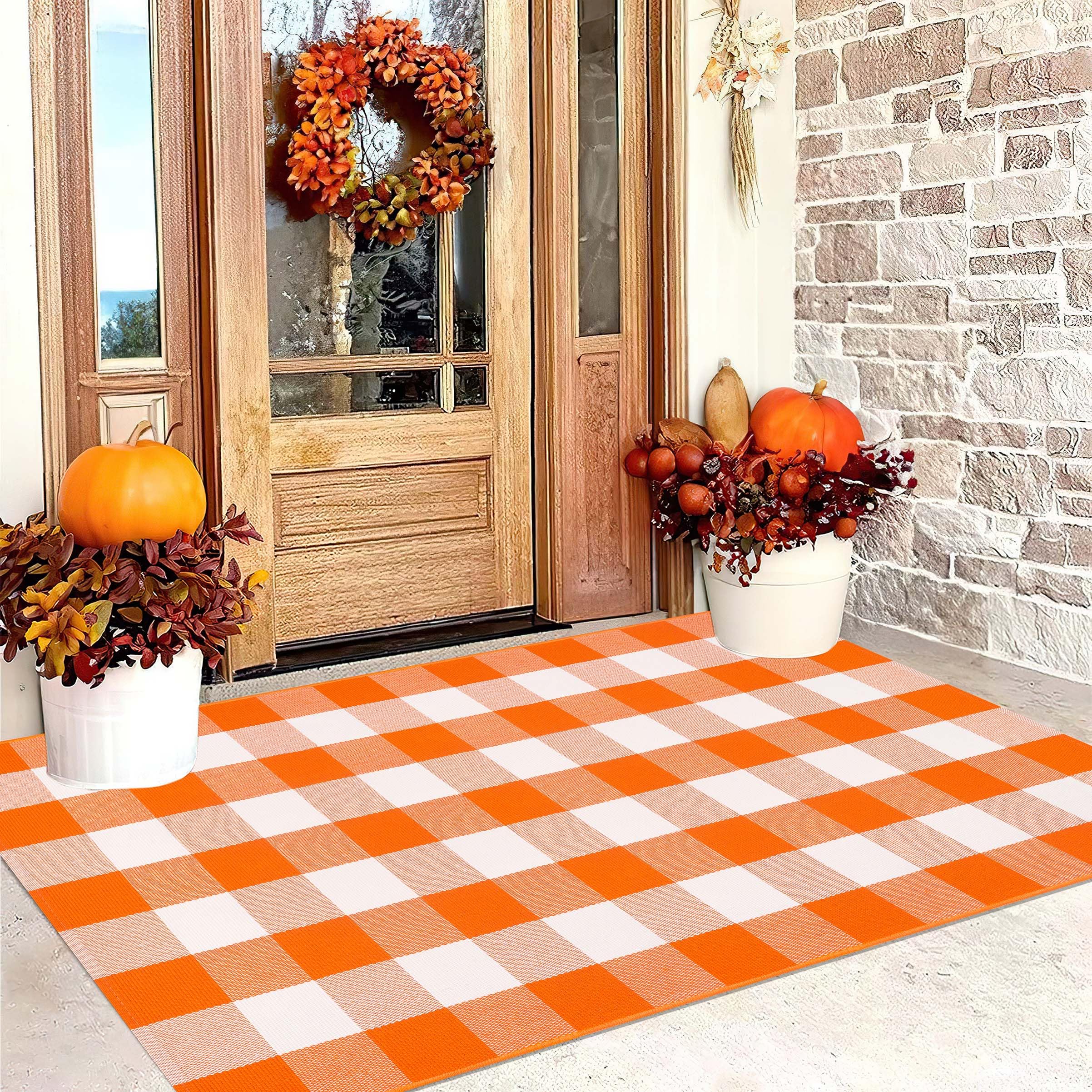 Orange and White Outdoor Rug 3'x5',Farmhouse Checkered Front Porch Rug Woven Washable Front Door Mat Outdoor for Halloween Mat,Bedroom,Entryway,Patio